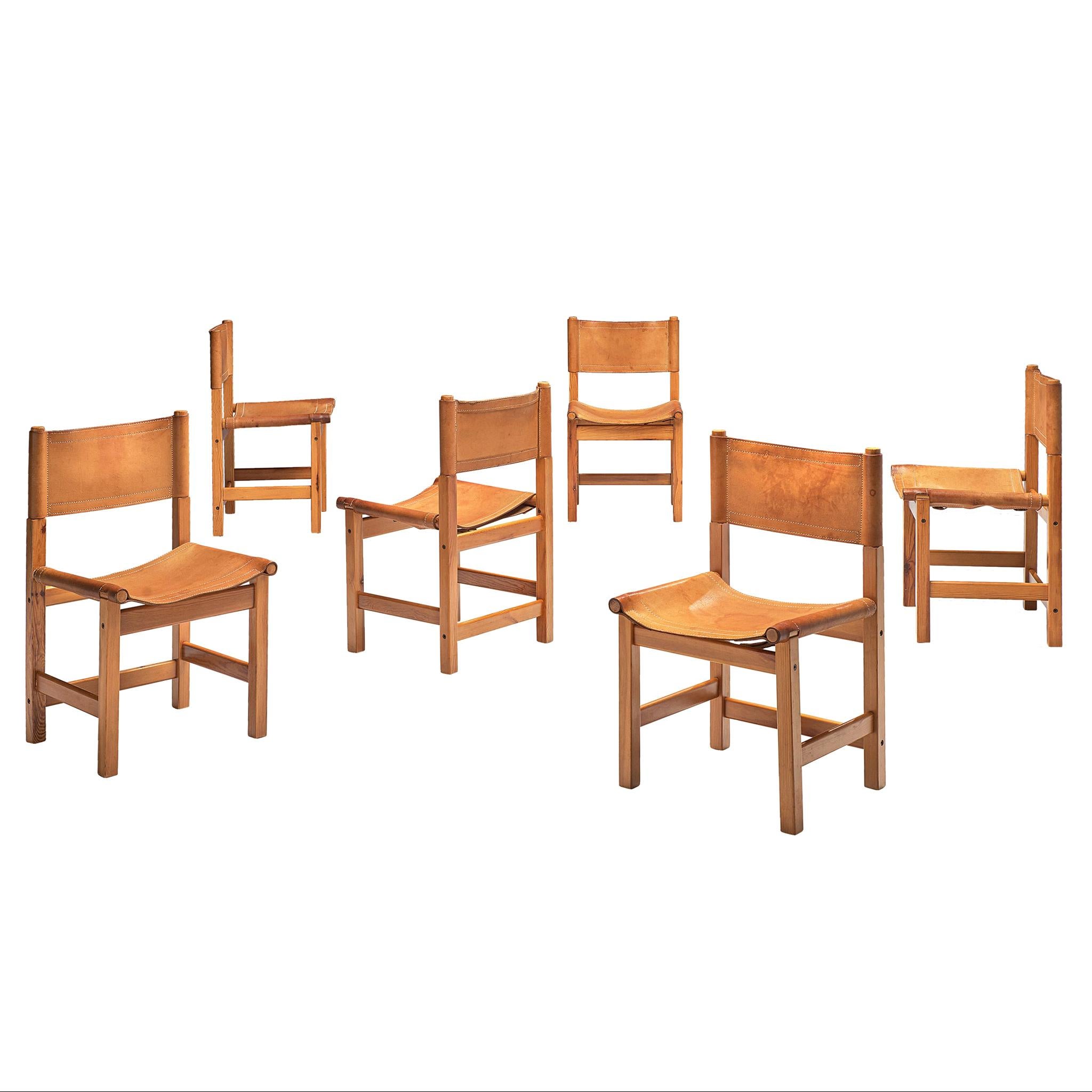 Set of Six Cognac Leather and Pine Wood Dining Chairs, France, 1960s