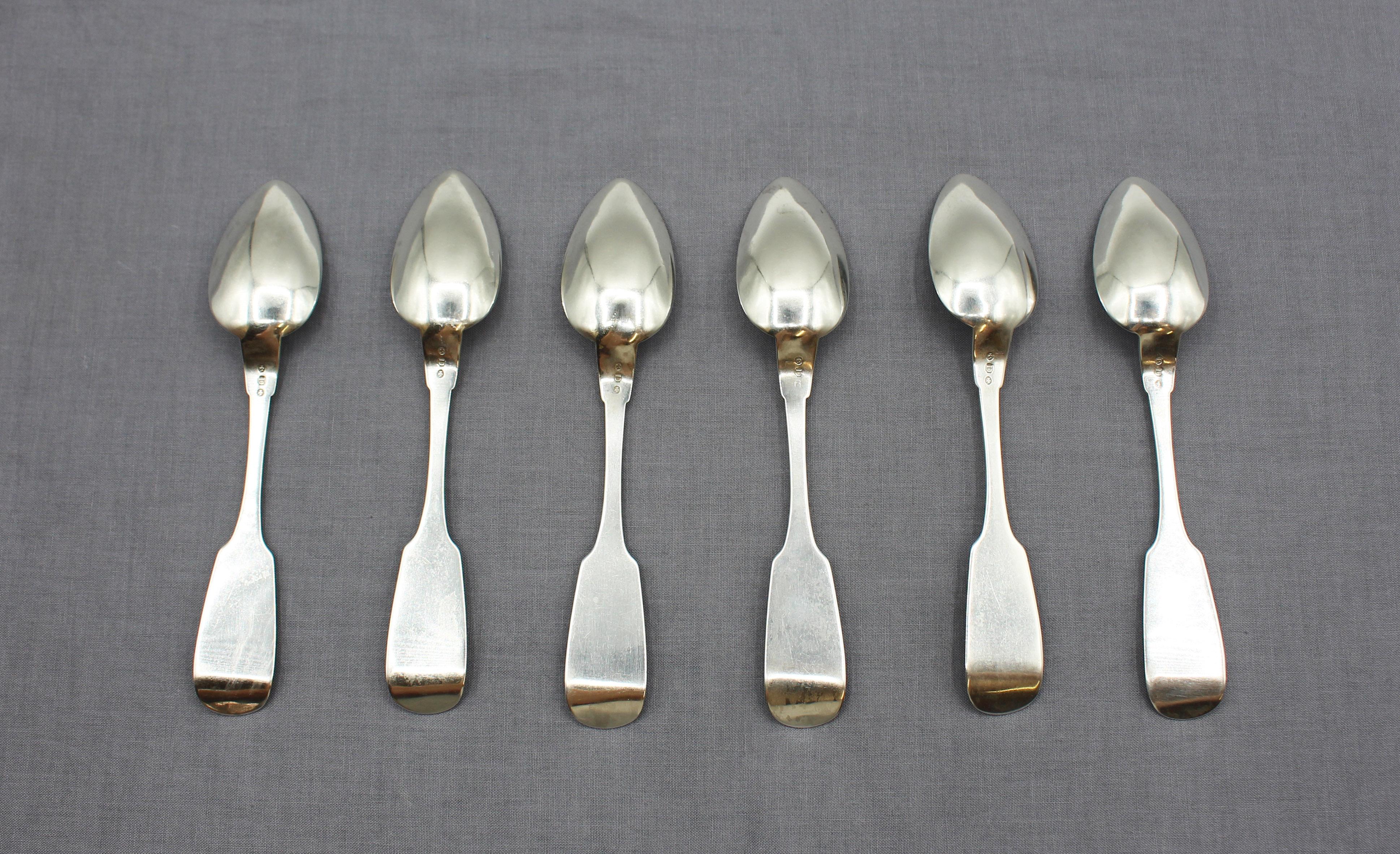 Mid-19th century set of 6 coin silver teaspoons, upper NY state area. From the Richmond family. Pseudo hallmarks. Each engraved with family name. 3.75 troy oz.

5 7/8” x 1 1/8” x 3/4″.

We are a family business that has been a major source for the
