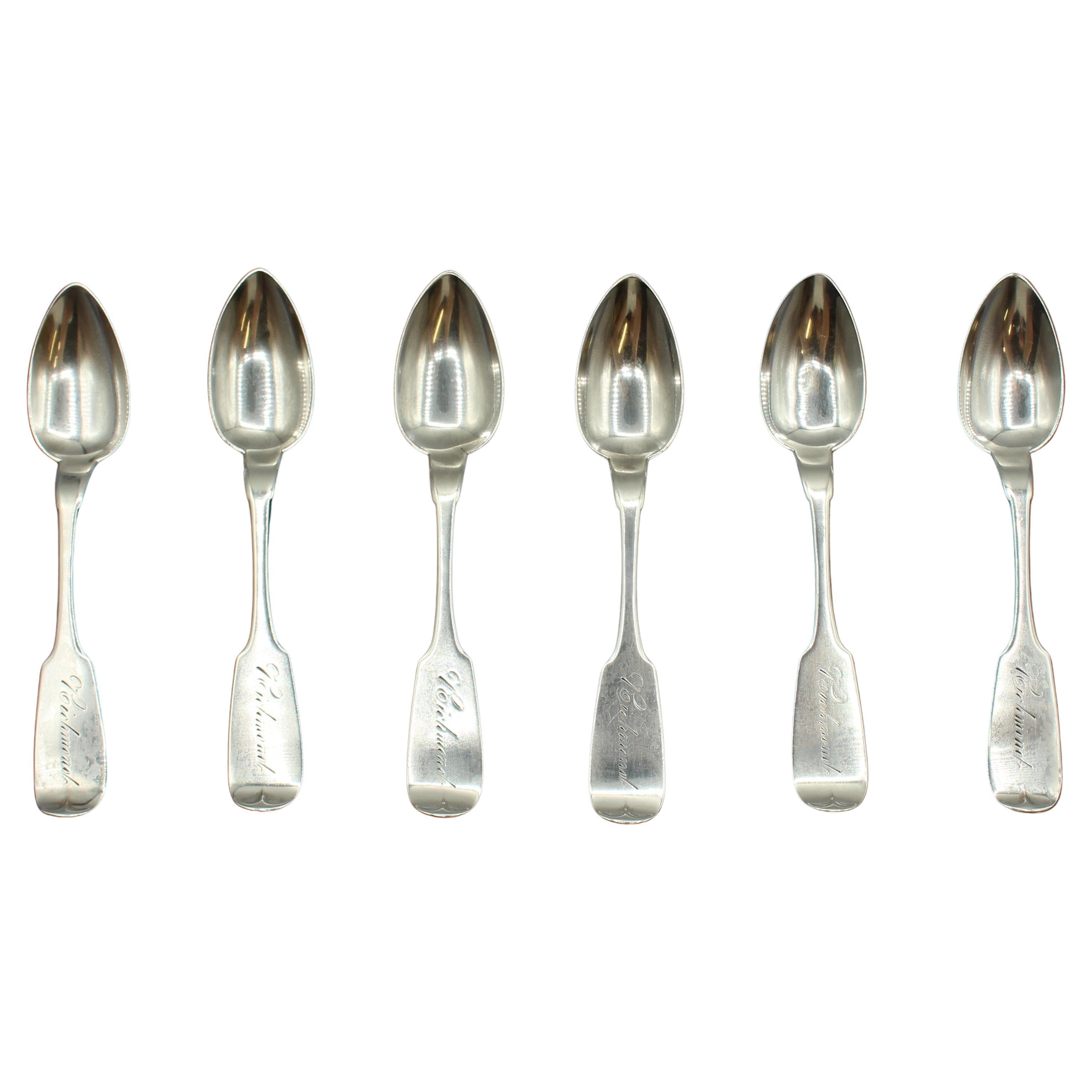 Set of Six Coin Silver Teaspoons, Circa Mid-19th Century For Sale