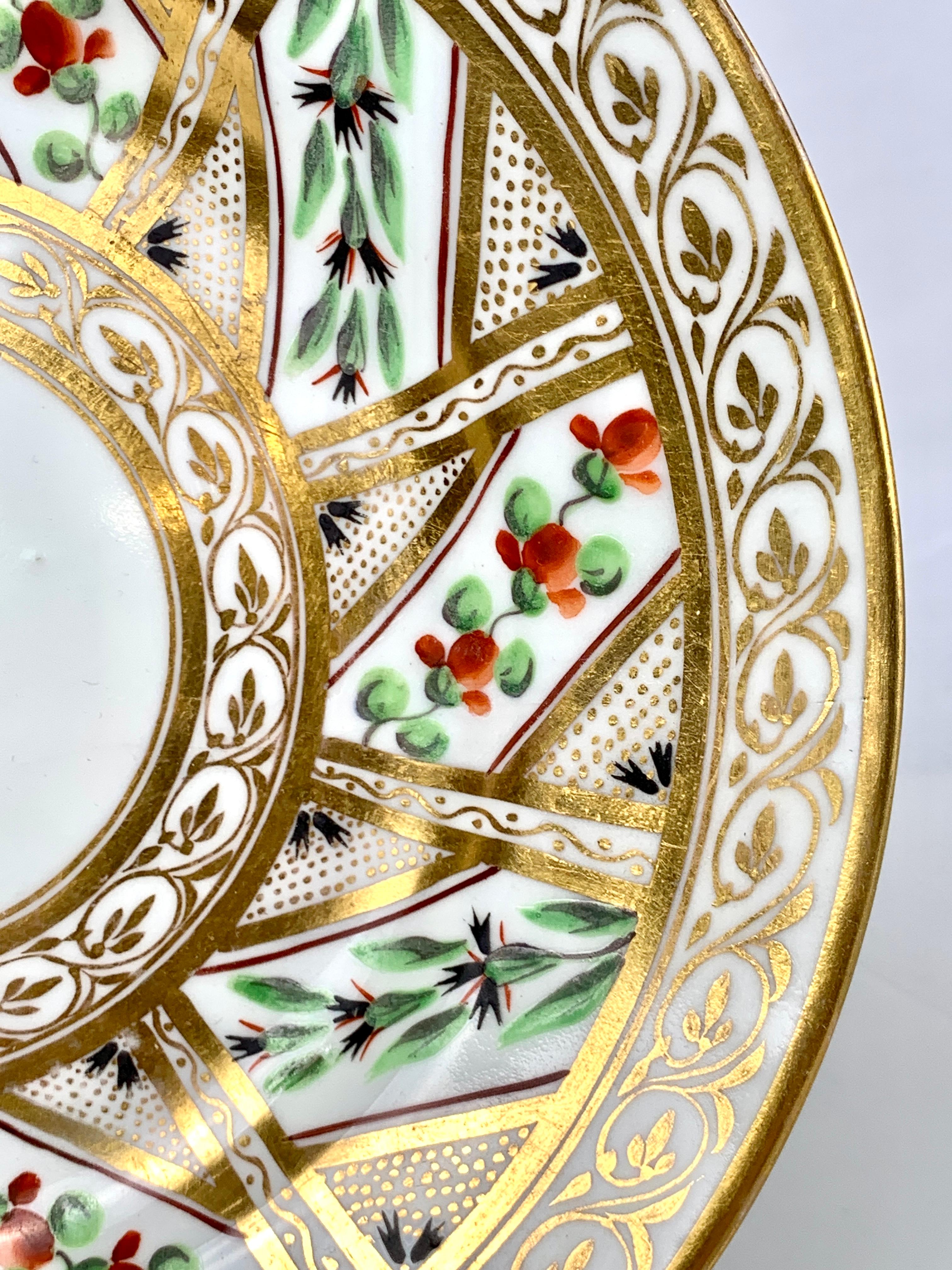 Hand-Painted Set of Six Colorful Derby Porcelain Dishes Made in England, Circa 1810