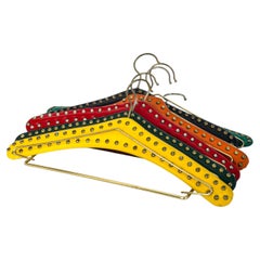 Set of Six Colorful Italian Leather and Brass Studded Clothes Hangers, Mid-Centu