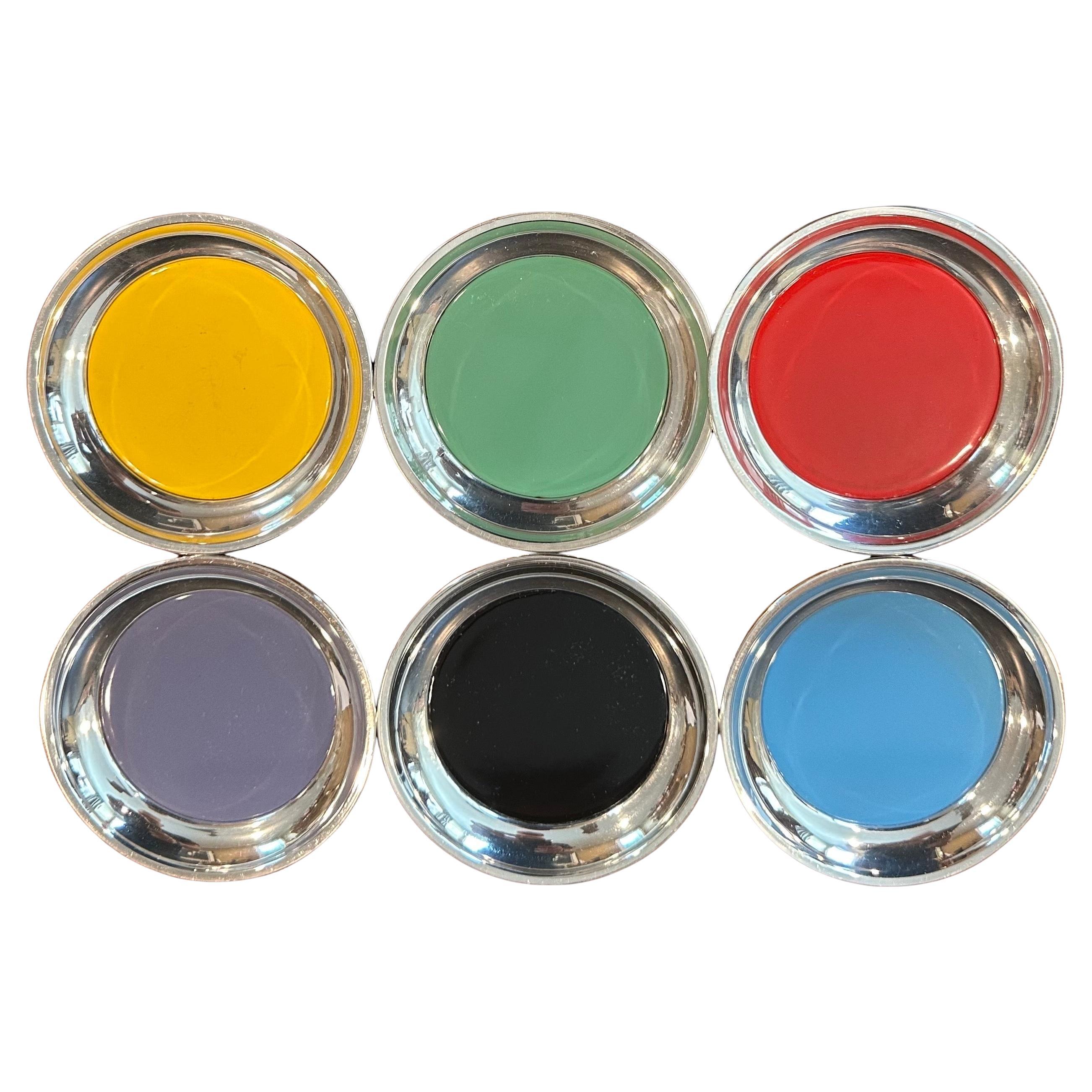 Juego de seis coloridos posavasos MCM de plata de ley y esmalte de Towle Moderno de mediados de siglo en venta