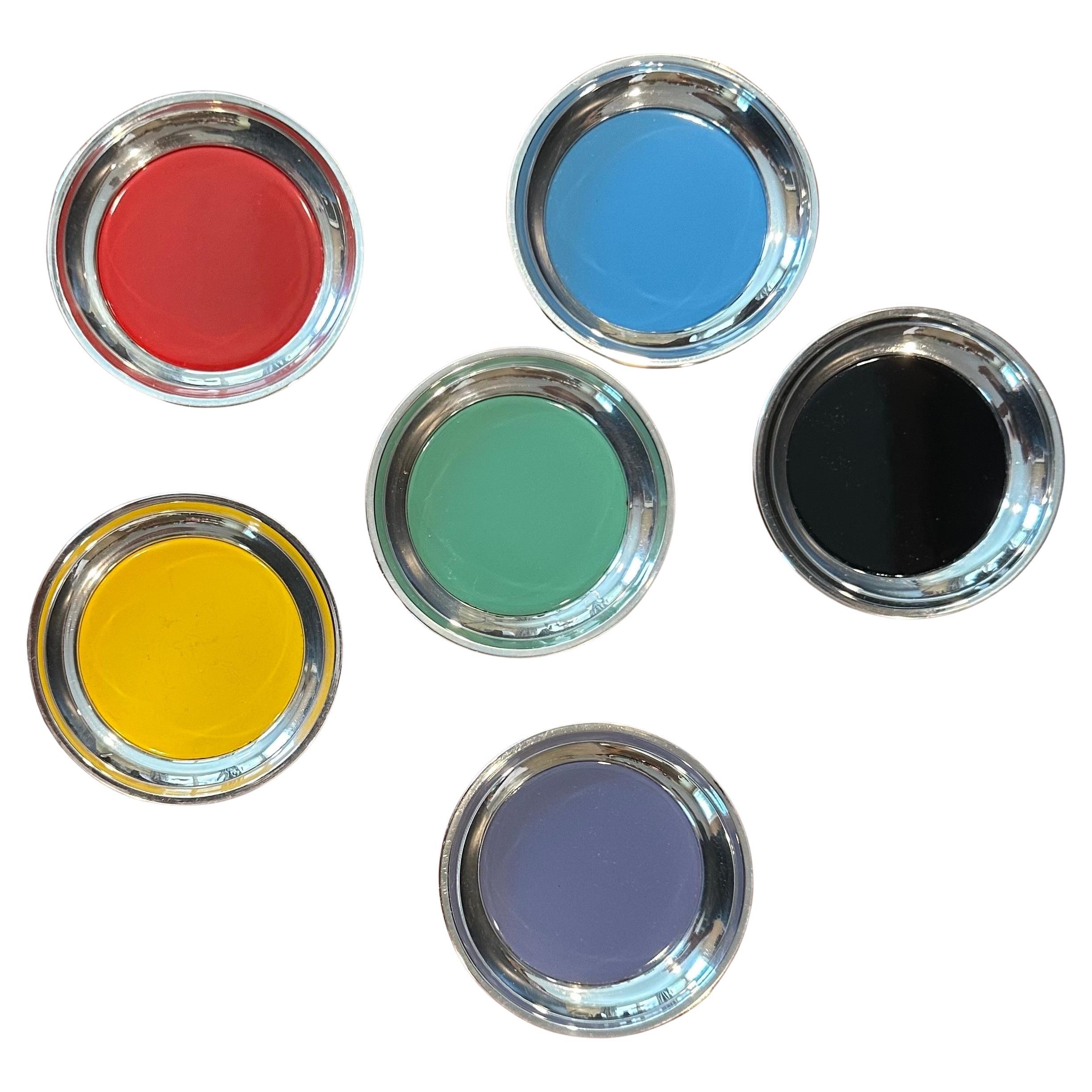 Set of Six Colorful MCM Sterling Silver & Enamel Drink Coasters by Towle