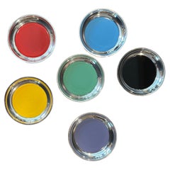 Set of Six Colorful MCM Sterling Silver & Enamel Drink Coasters by Towle