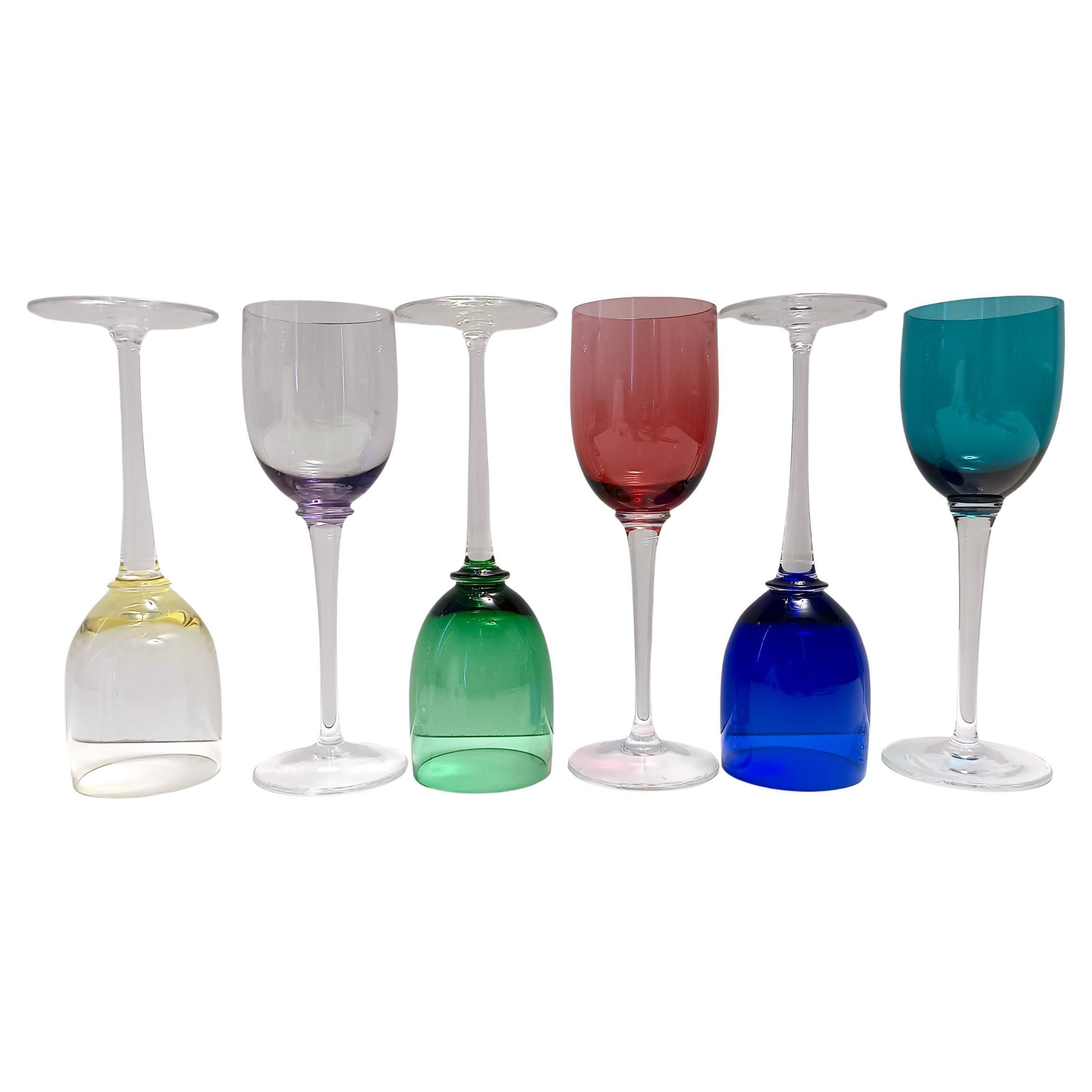 Set of Six Colorful Murano Blown Glass Wine Glasses, Italy 1980s