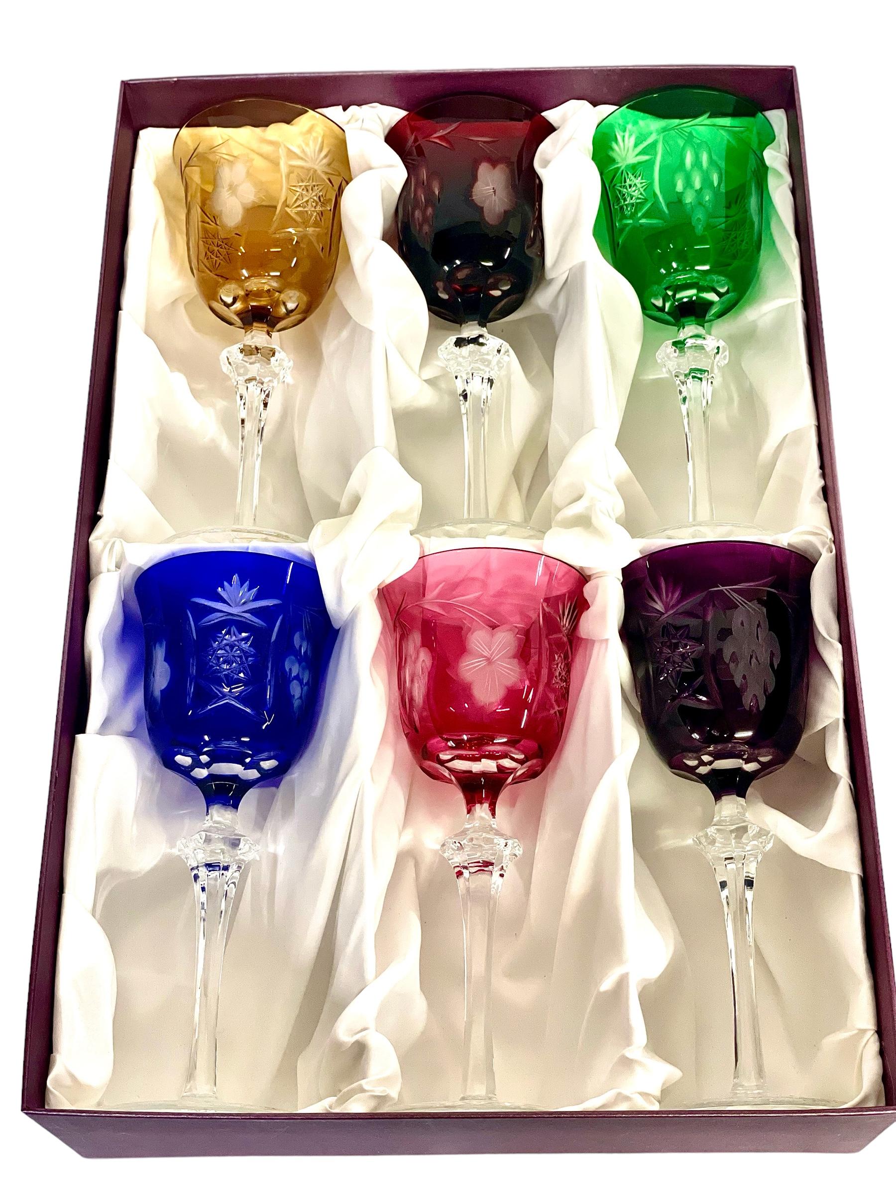 Set of Six Coloured Crystal Wine Glasses 'Cristal De Paris' For Sale at