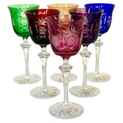 Set of Six Coloured Crystal Wine Glasses 'Cristal De Paris'