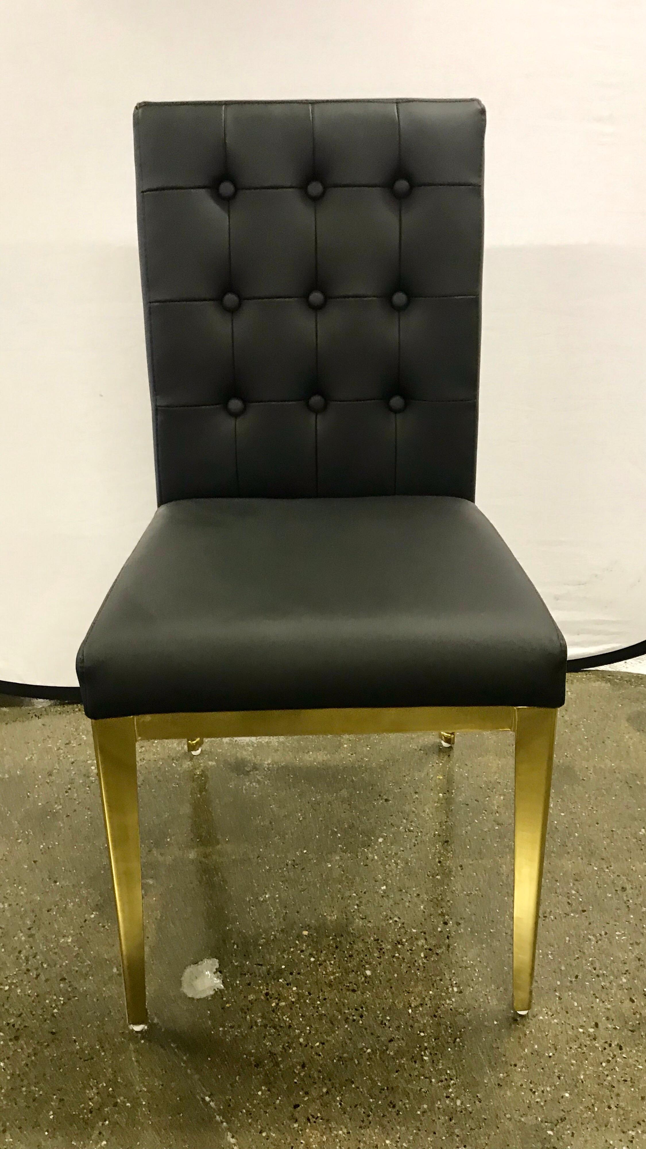 Mid-Century Modern Set of Six Contemporary Brass and Black Leather Dining Chairs