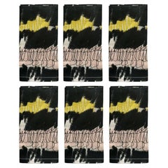 Set von sechs zeitgenössischen, mehrfarbigen Leinen-Voile-Serviergeschirr-Sets „Abstract“-Design