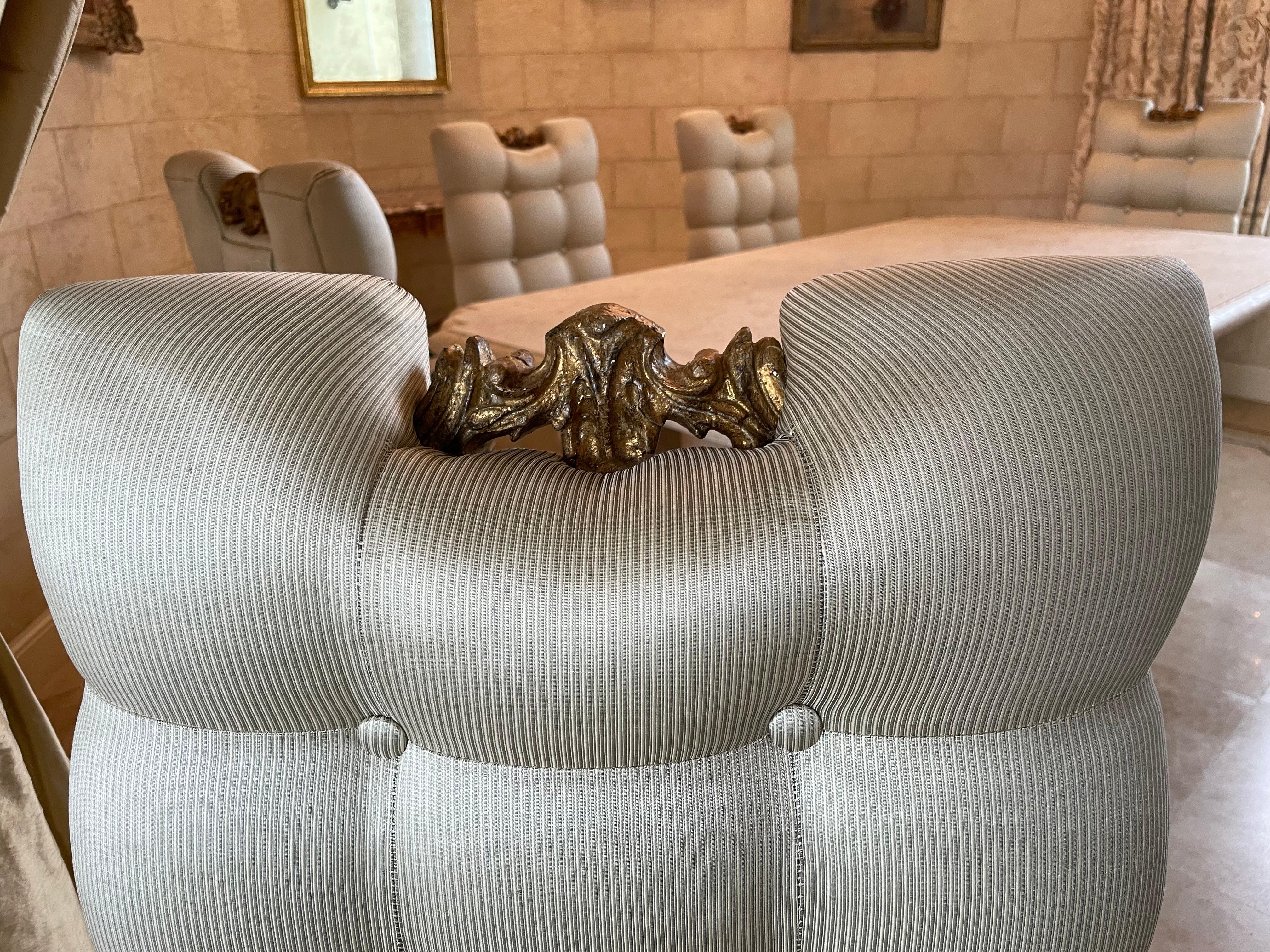 Set of Six Contemporary Tufted Silk Upholstered & Carved Gilt Wood Dining Chairs In Good Condition For Sale In West Palm Beach, FL