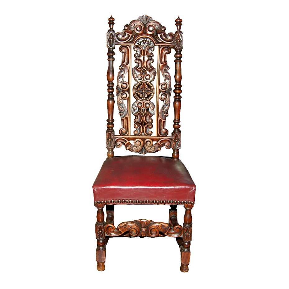 Set of Six Continental Carved Walnut Dining Chairs