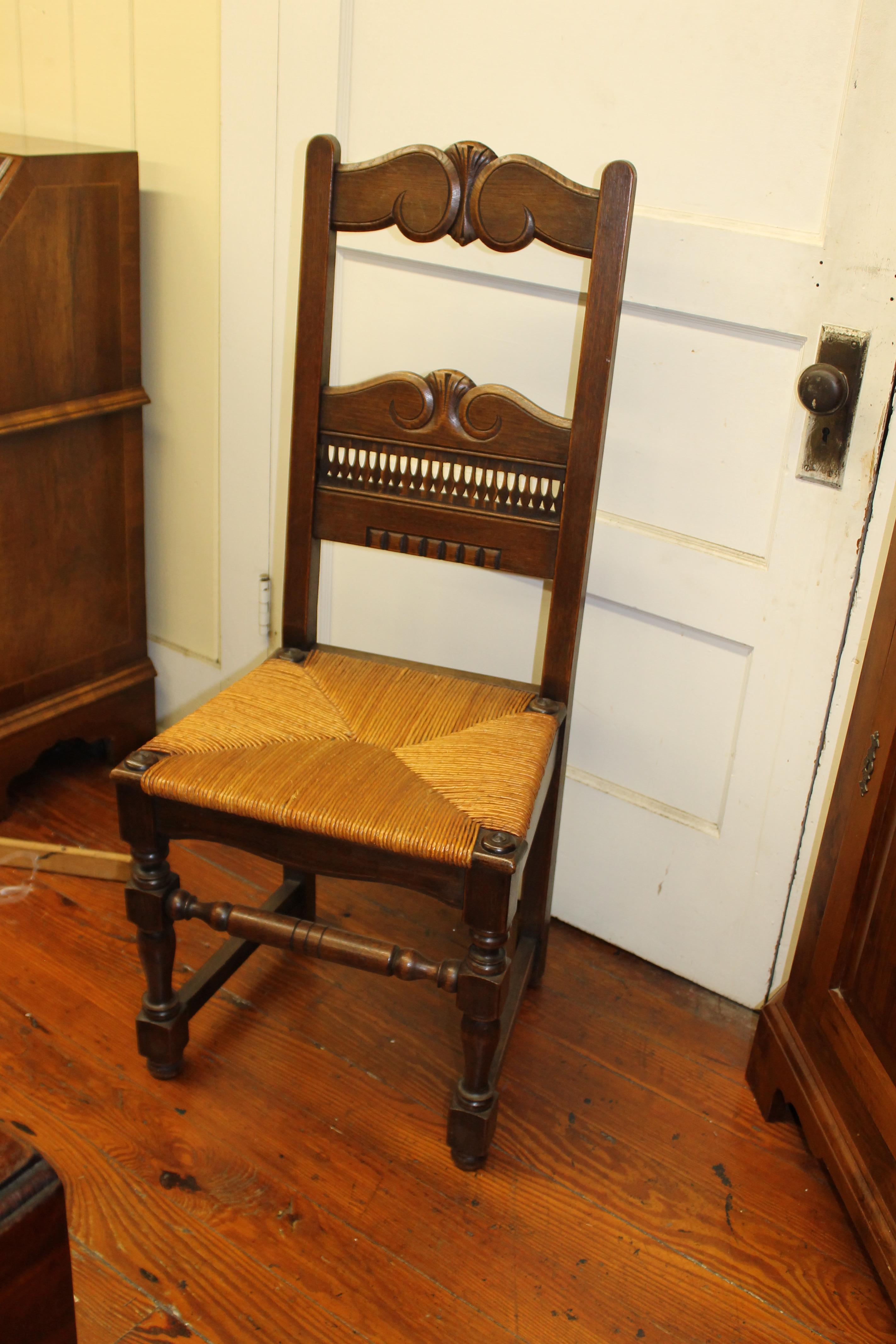 French Provincial Set of Six Country French Hand-Carved Solid Oak Rush Seated Dining Chairs