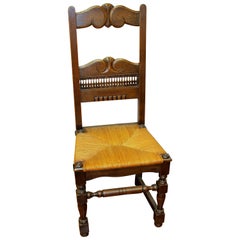 Set of Six Country French Hand-Carved Solid Oak Rush Seated Dining Chairs