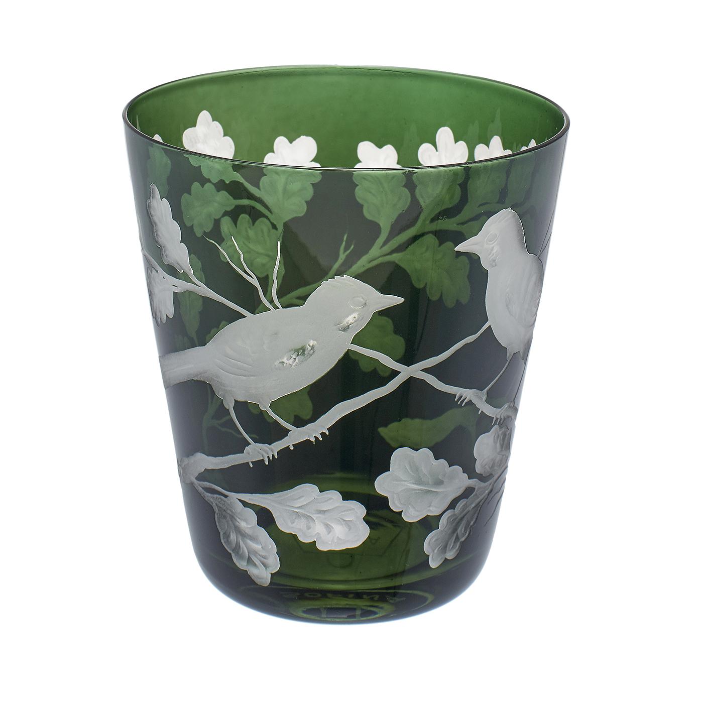 Set of six hand blown tumbler in green crystal with a hand-edged country style decor. The decor shows a hand-engraved decor with birds and oak leaves all-over the glass. Handmade in Bavaria/Germany. Can be ordered also in amber. Not for dishwashing