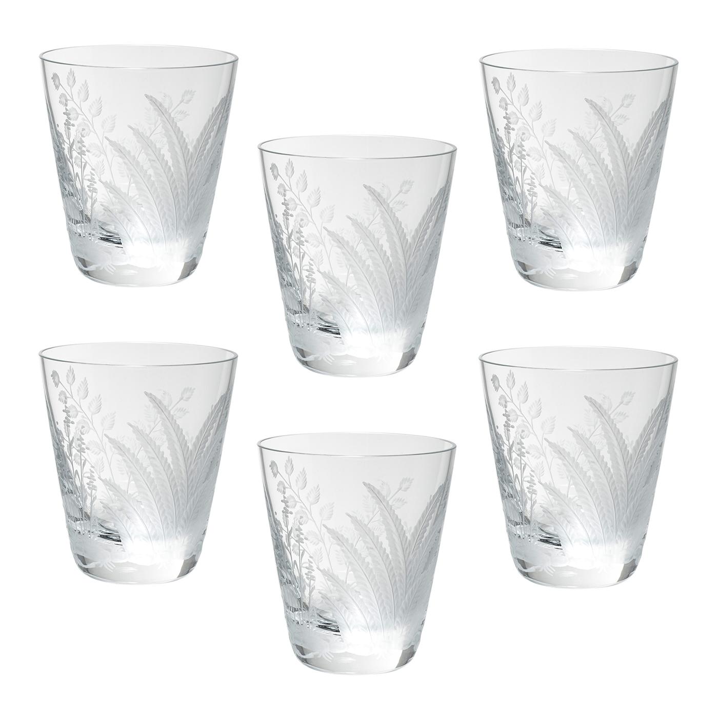 Set of six hand blown tumbler in clear crystal with a hand-edged country style fern decor. The decor shows a hand-engraved decor with fern leaves all-over the glass. Handmade in Bavaria/Germany. Can be ordered also in amber or green. A matching