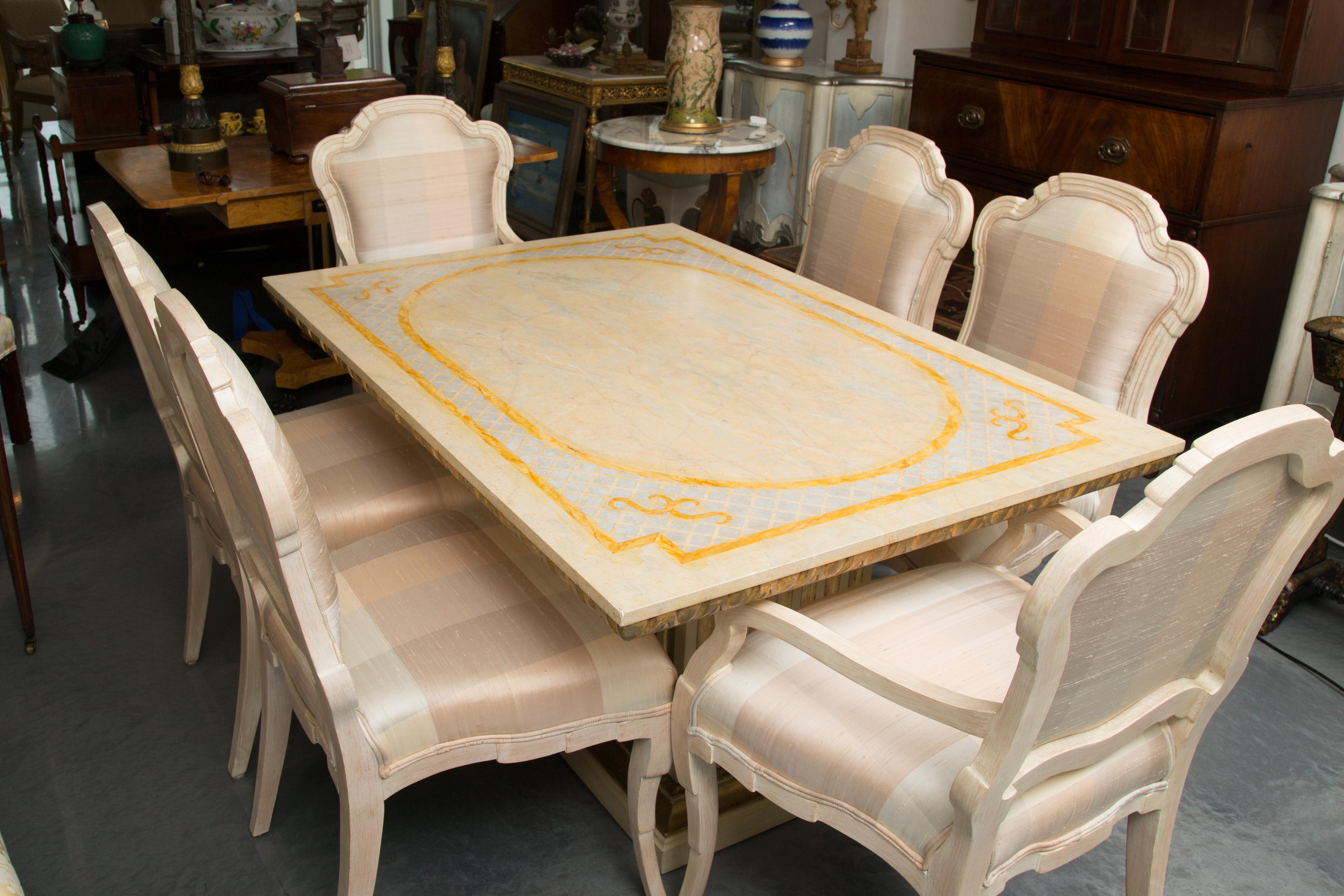 Set of Six Cream Painted Stylized Louis XVI Style Upholstered Dining Chairs For Sale 3