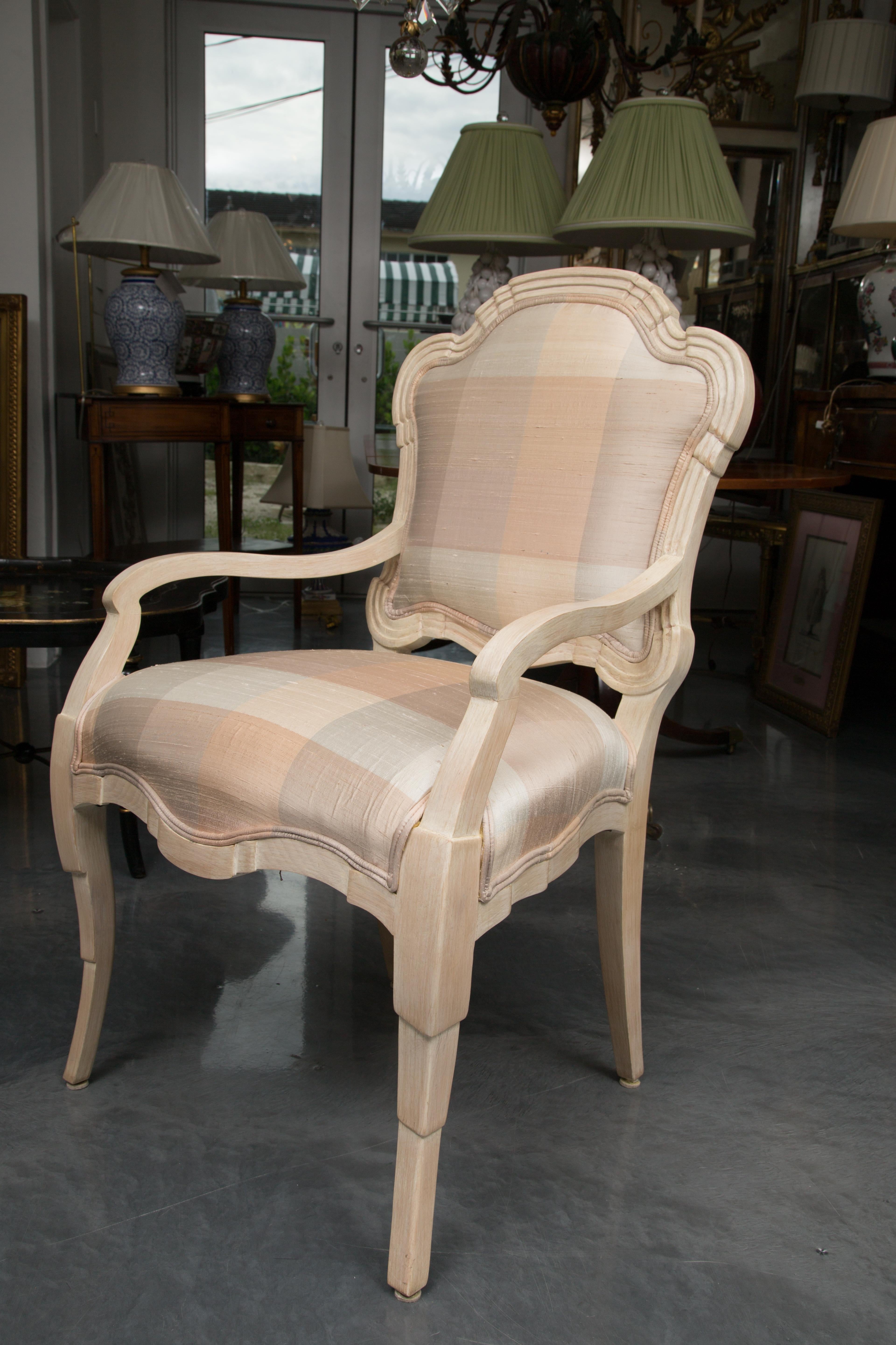 Set of Six Cream Painted Stylized Louis XVI Style Upholstered Dining Chairs For Sale 4