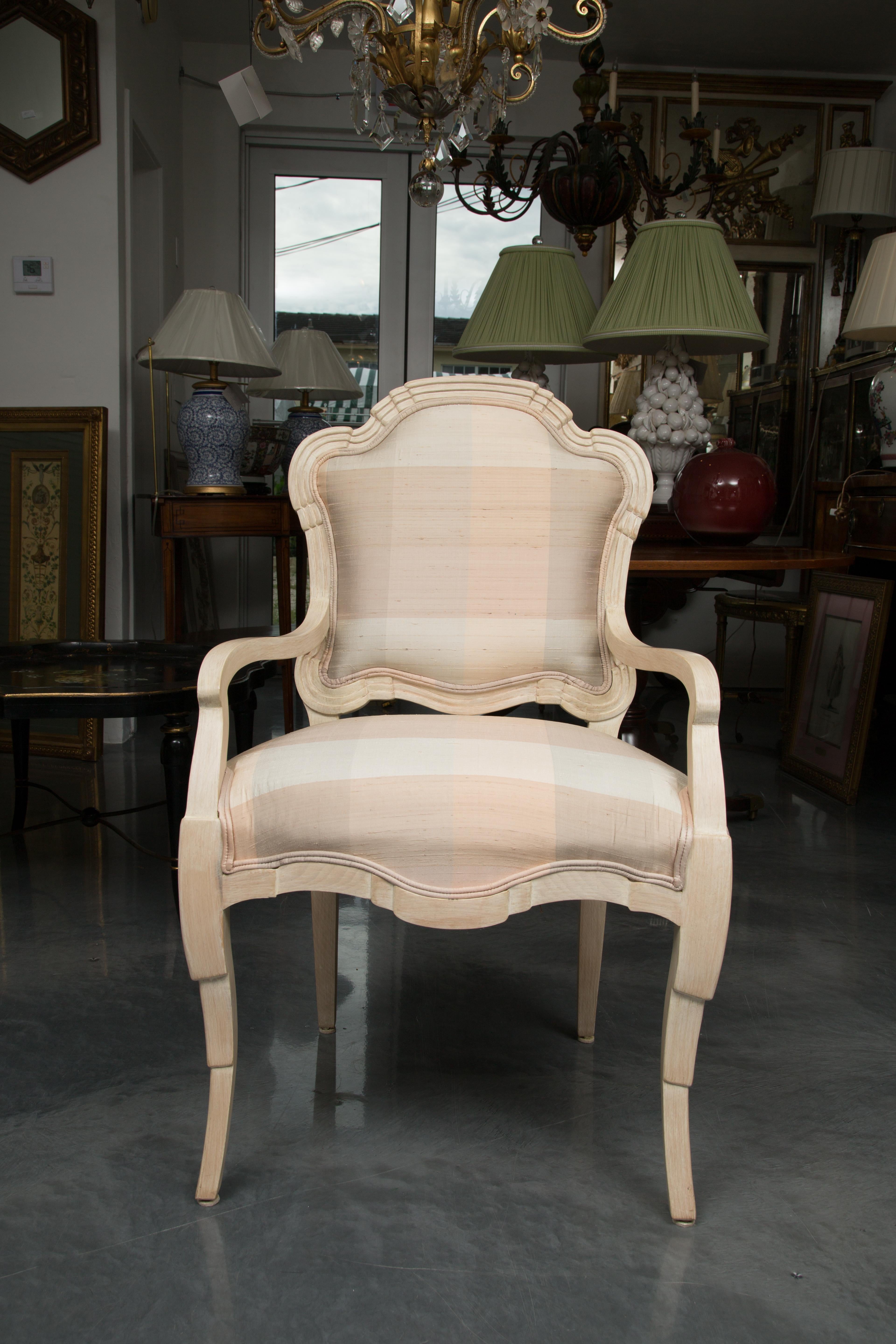 Set of Six Cream Painted Stylized Louis XVI Style Upholstered Dining Chairs For Sale 5