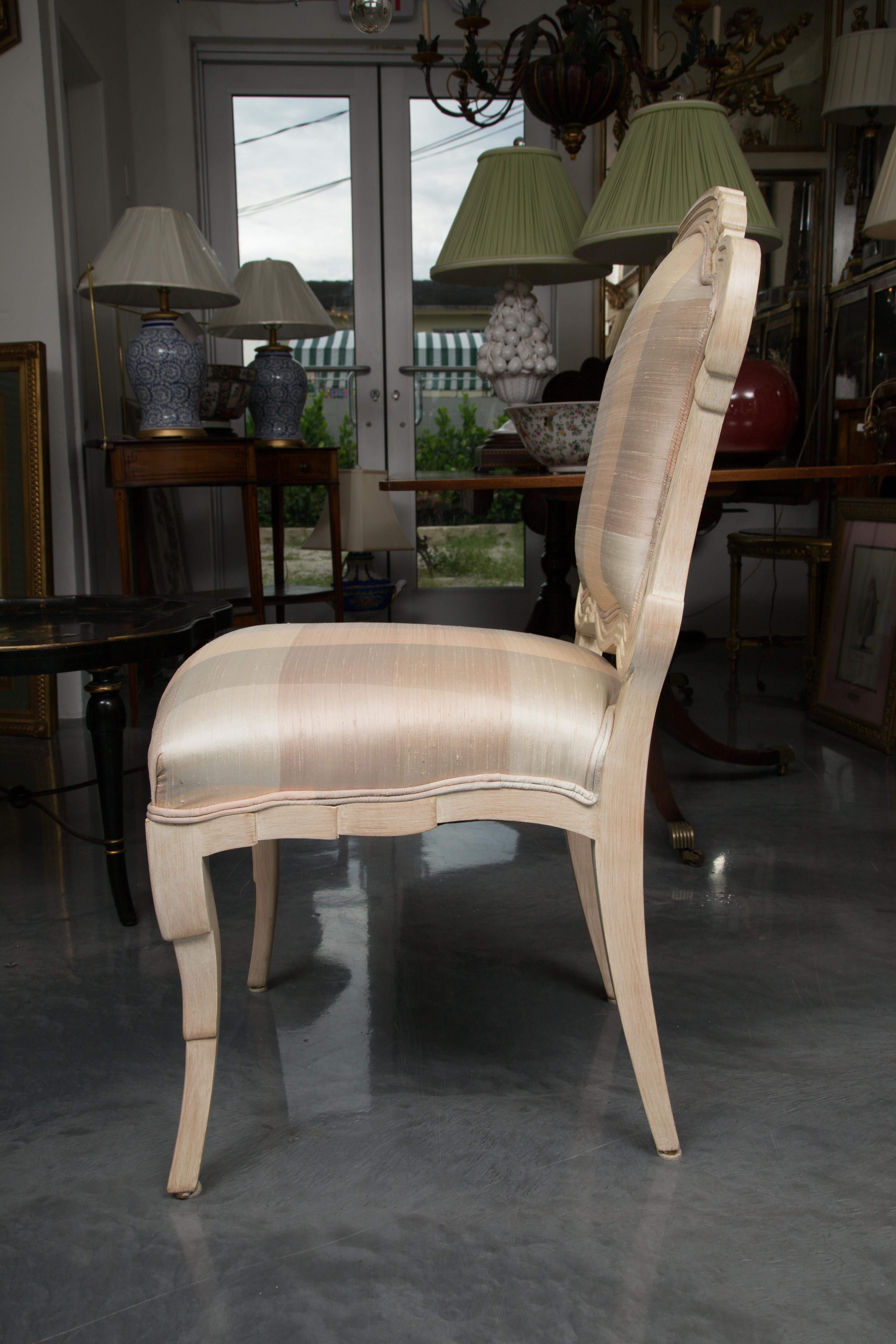 Set of Six Cream Painted Stylized Louis XVI Style Upholstered Dining Chairs For Sale 9