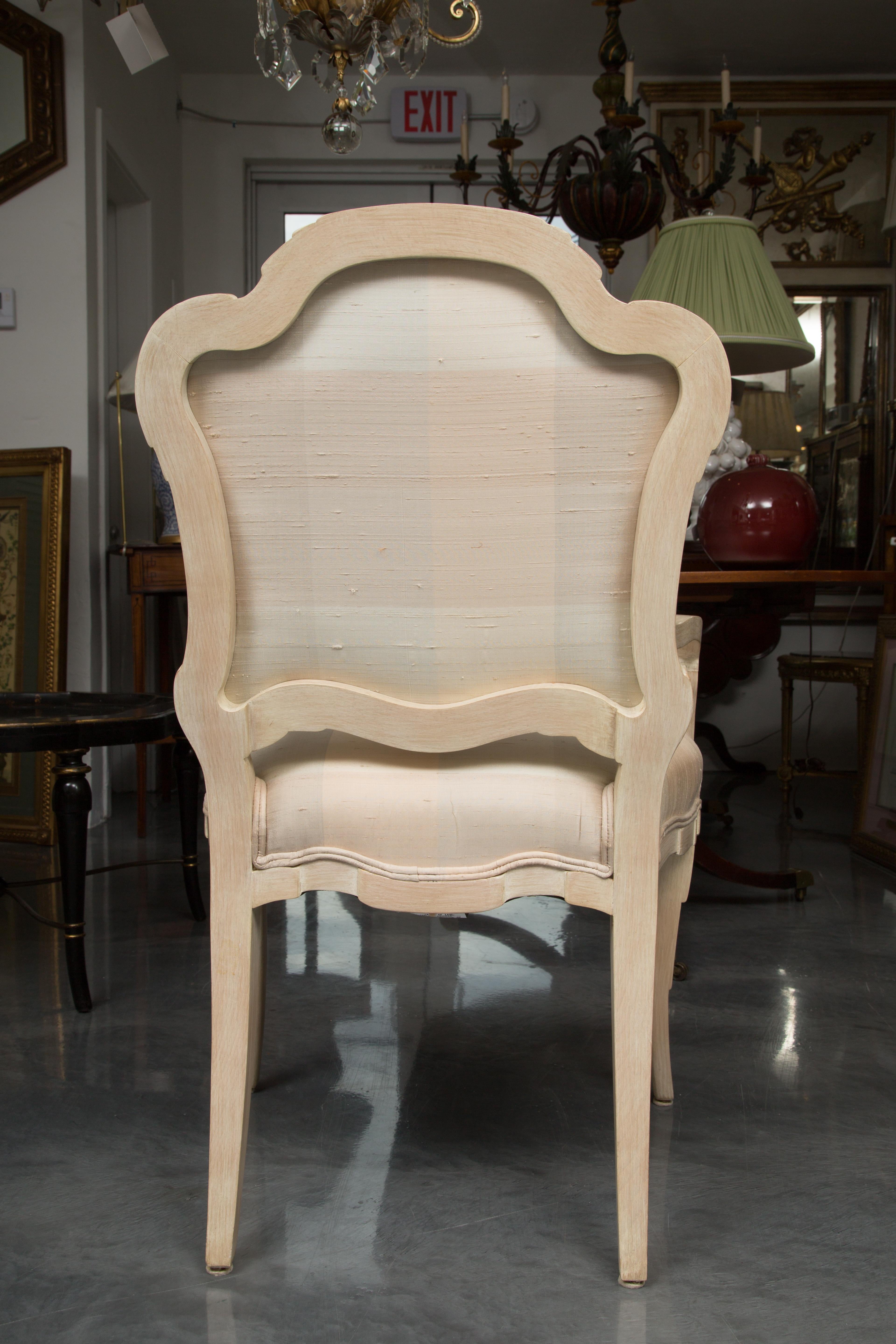 Upholstery Set of Six Cream Painted Stylized Louis XVI Style Upholstered Dining Chairs For Sale