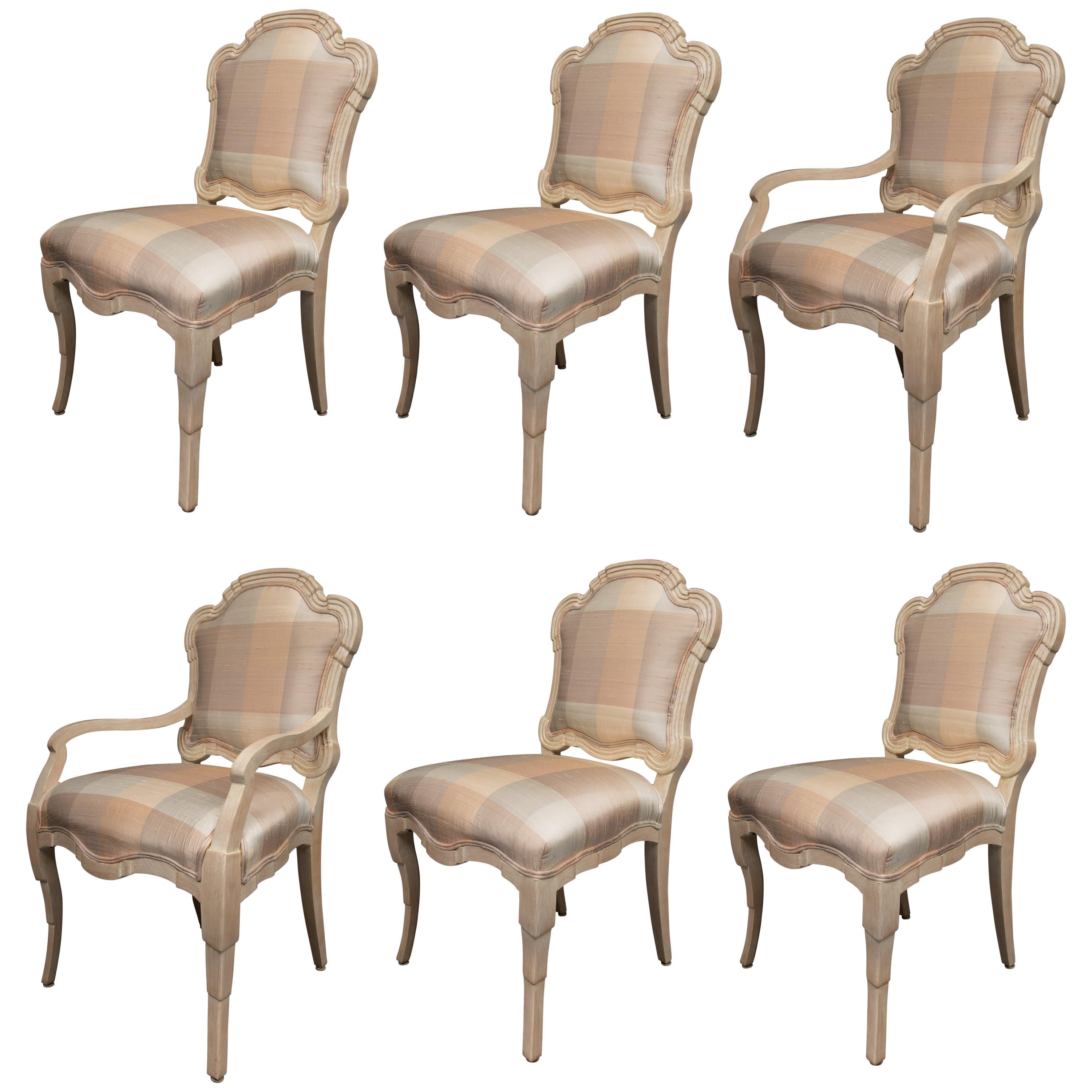 Set of Six Cream Painted Stylized Louis XVI Style Upholstered Dining Chairs For Sale