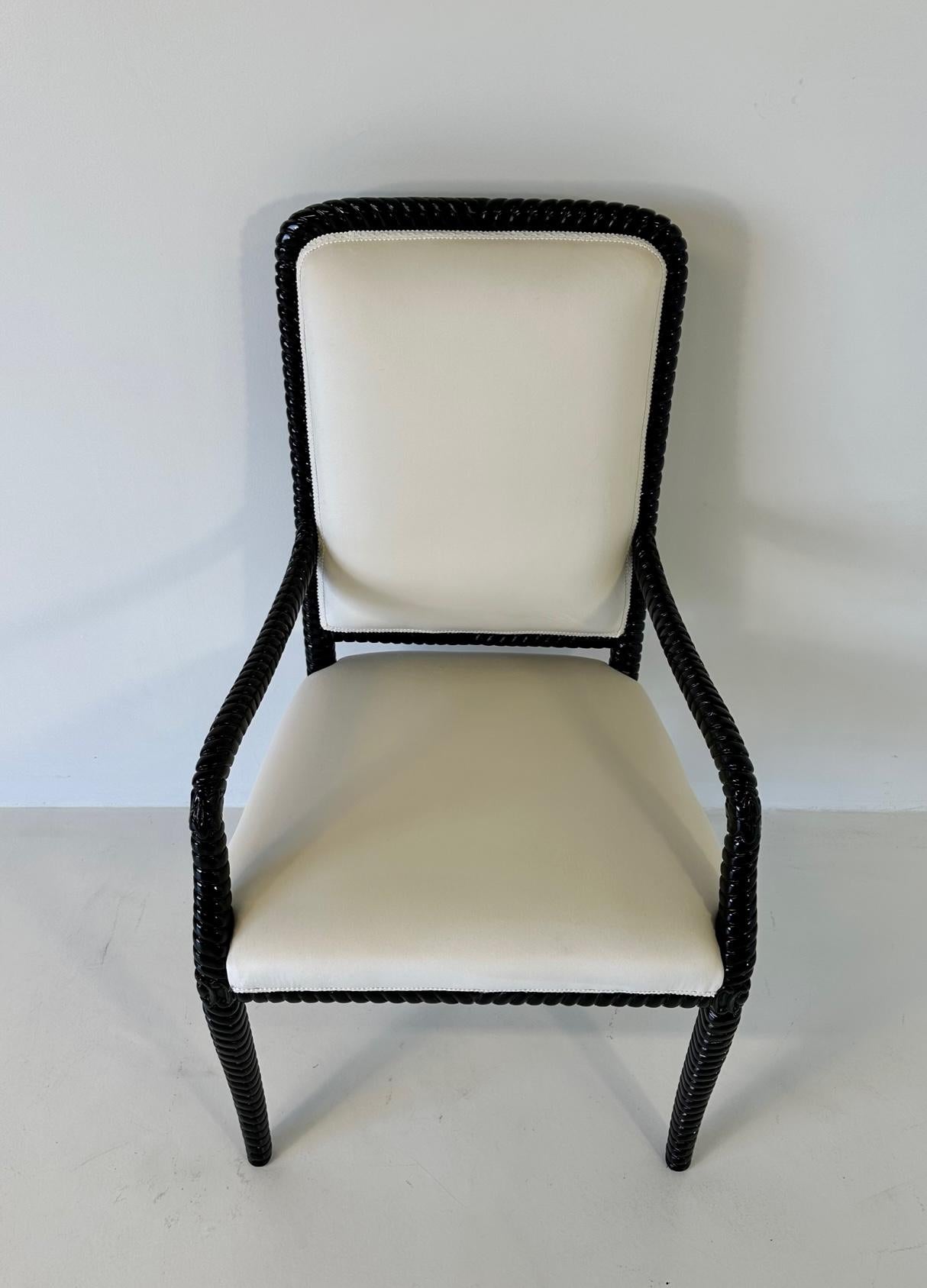 Set of Six Cream Velvet and Black Lacquered Italian Art Deco Style Chairs, 1980s For Sale 6