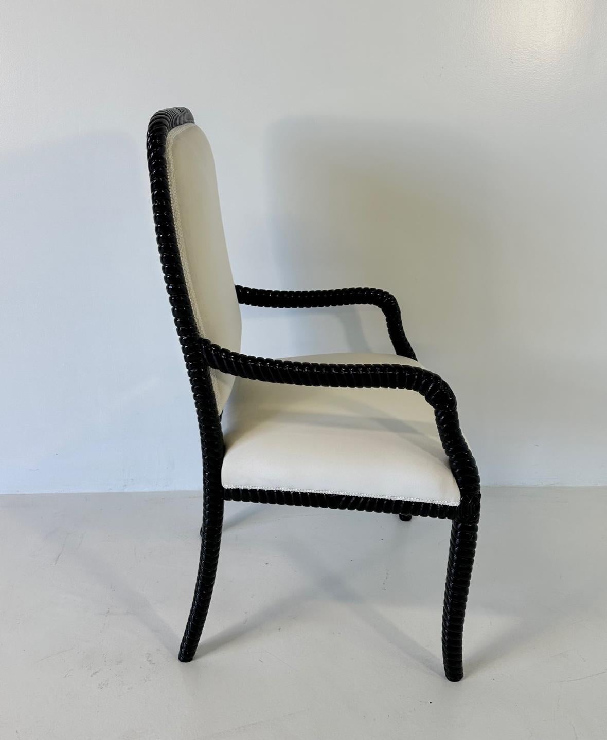 Set of Six Cream Velvet and Black Lacquered Italian Art Deco Style Chairs, 1980s For Sale 7