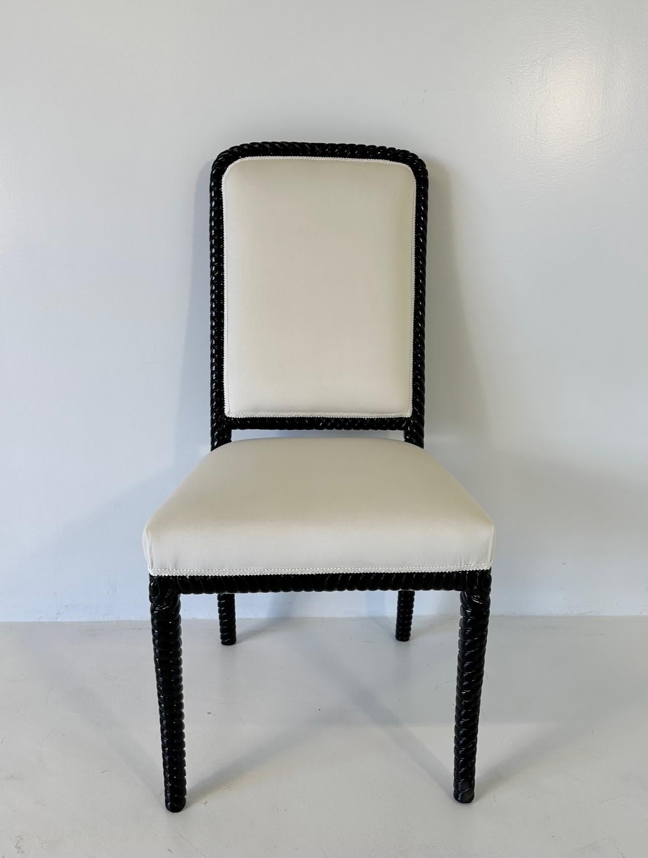 Late 20th Century Set of Six Cream Velvet and Black Lacquered Italian Art Deco Style Chairs, 1980s For Sale