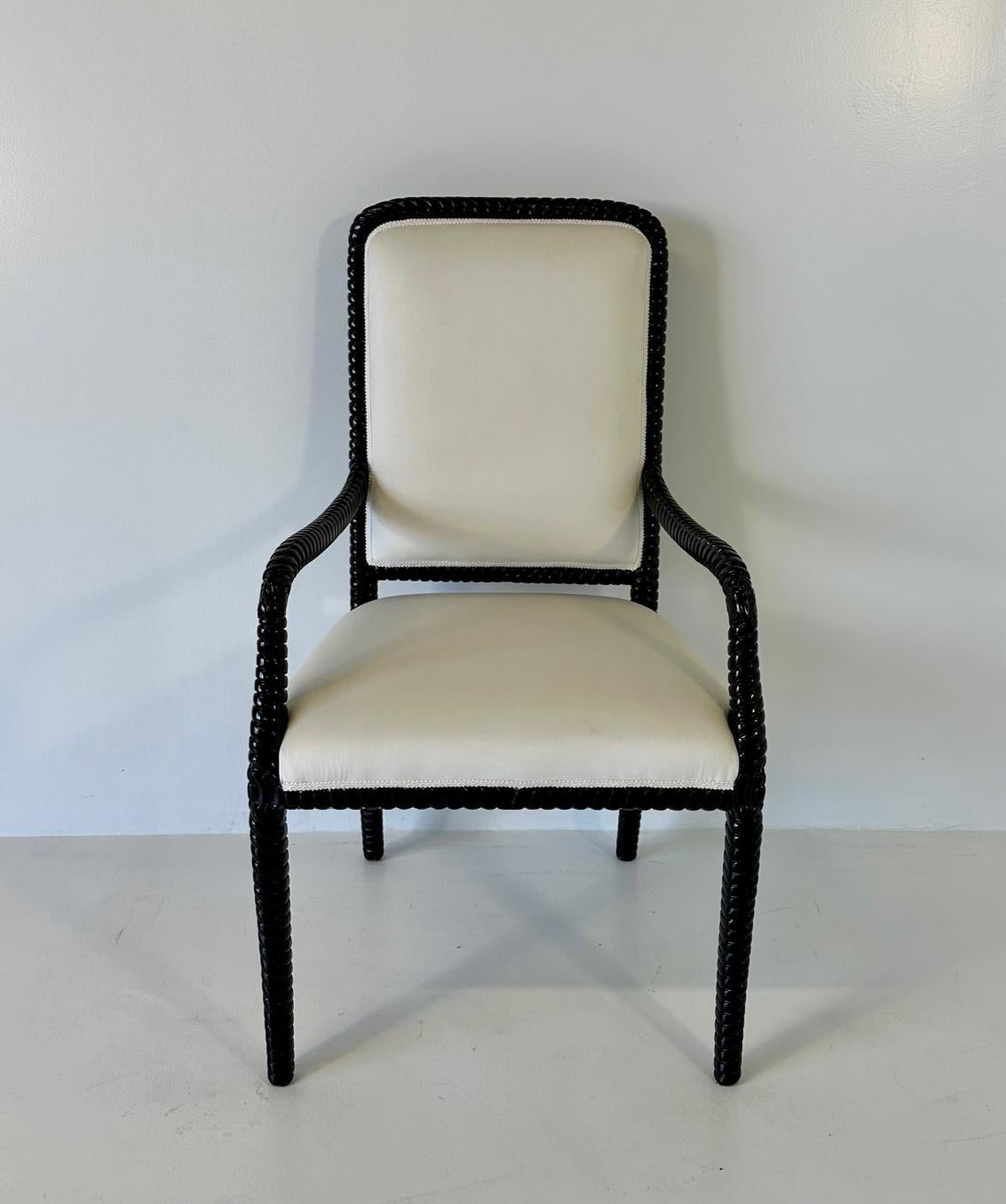 Set of Six Cream Velvet and Black Lacquered Italian Art Deco Style Chairs, 1980s For Sale 5