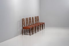 Set of Six Art Deco Oak and Leather Chairs, France, 1940s