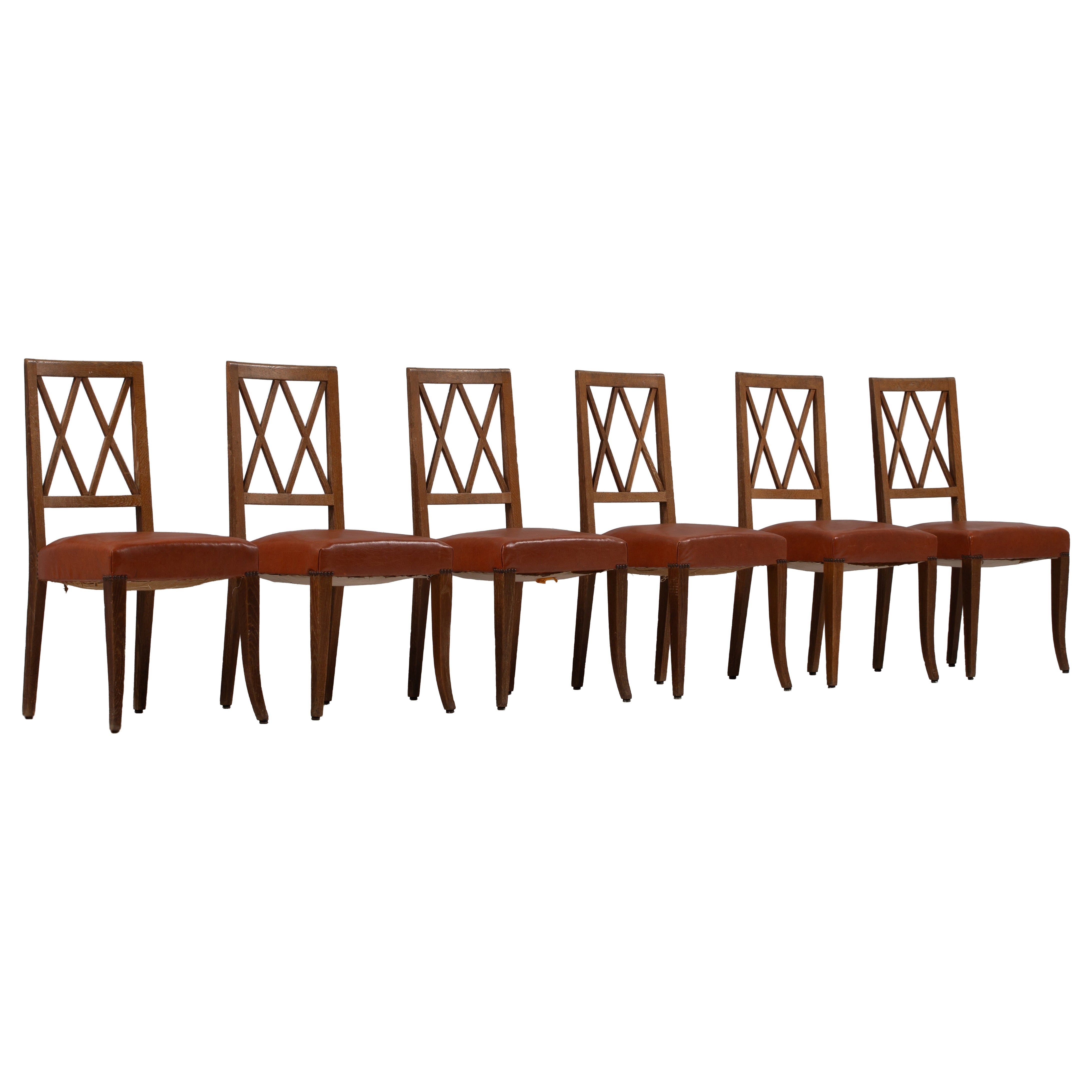 Set of Six Art Deco Oak and Leather Chairs, France, 1940s