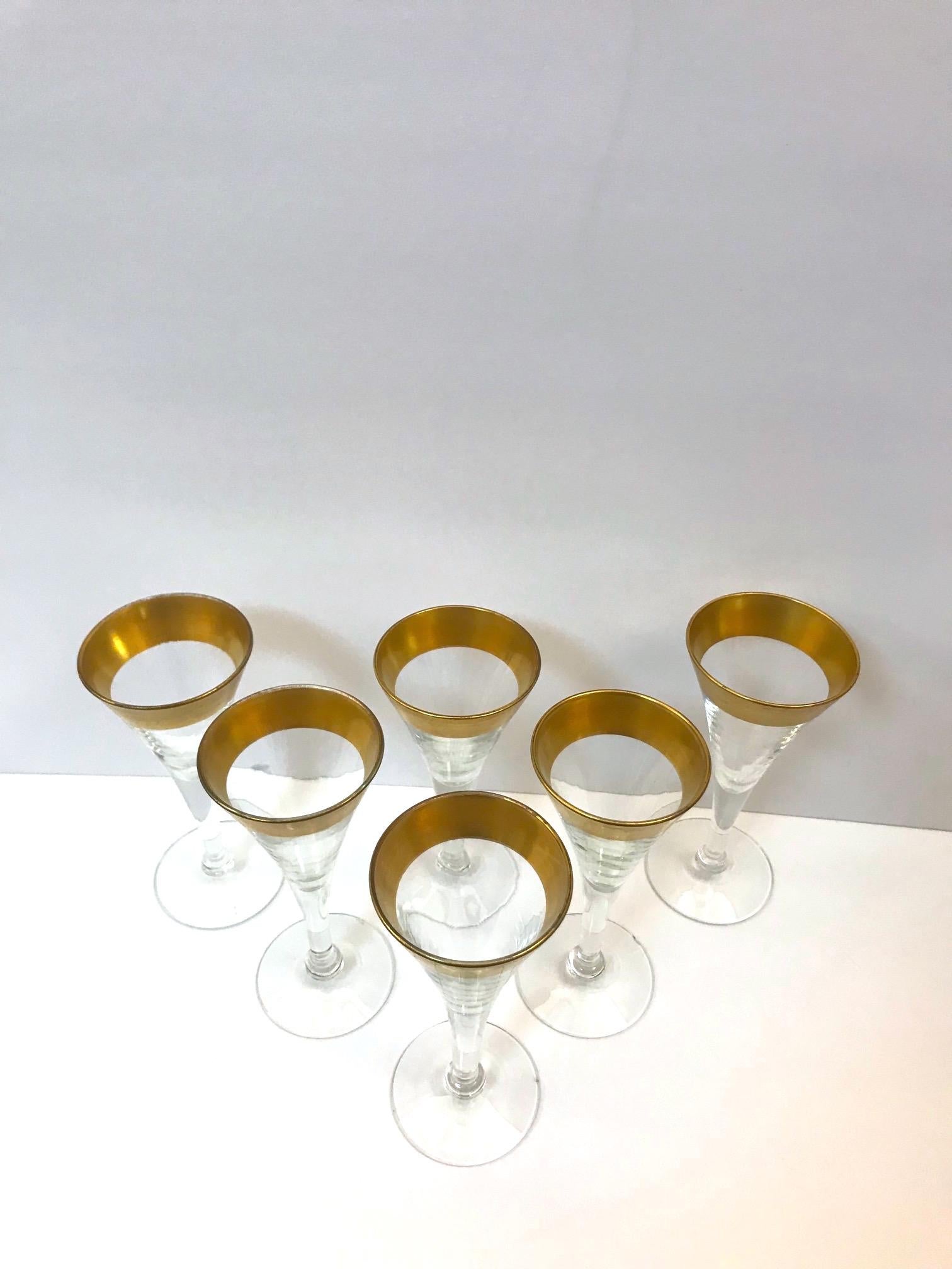 Mid-20th Century Set of Six Crystal Gold Rim Cordial Glasses by Dorothy Thorpe