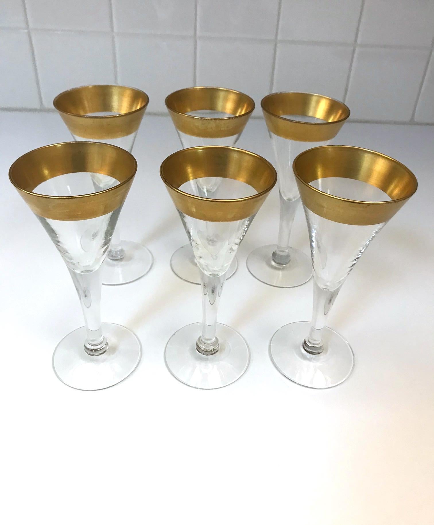 Set of Six Crystal Gold Rim Cordial Glasses by Dorothy Thorpe 1