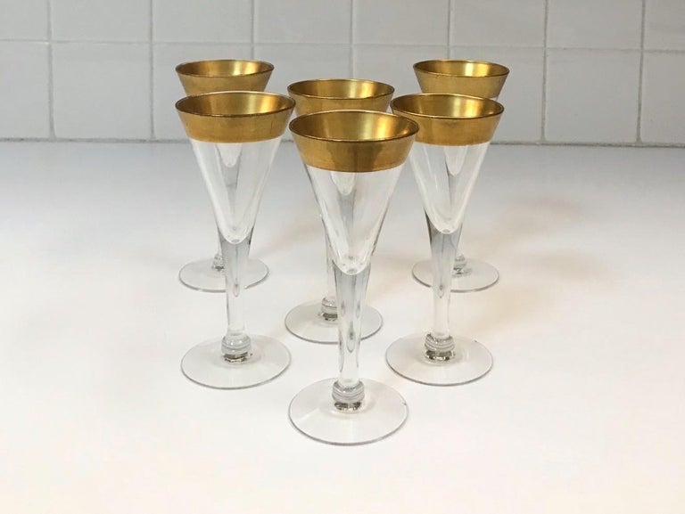 Set of Six Crystal Gold Rim Cordial Glasses by Dorothy Thorpe at 1stDibs