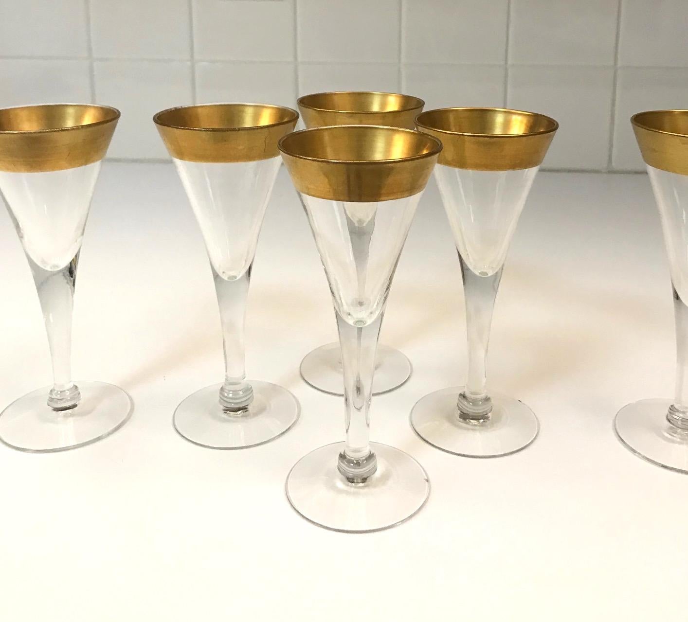 Mid-Century Modern Set of Six Crystal Gold Rim Cordial Glasses by Dorothy Thorpe