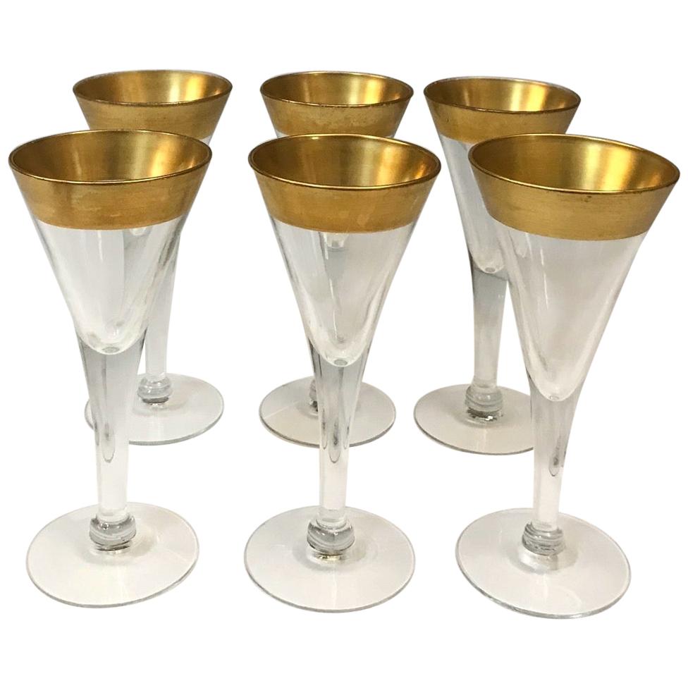 Set of Six Crystal Gold Rim Cordial Glasses by Dorothy Thorpe