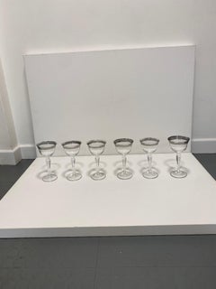 Set of Six Crystal Wine Glasses, Silver Trim, UK, 1930s Art Deco Glass Bar