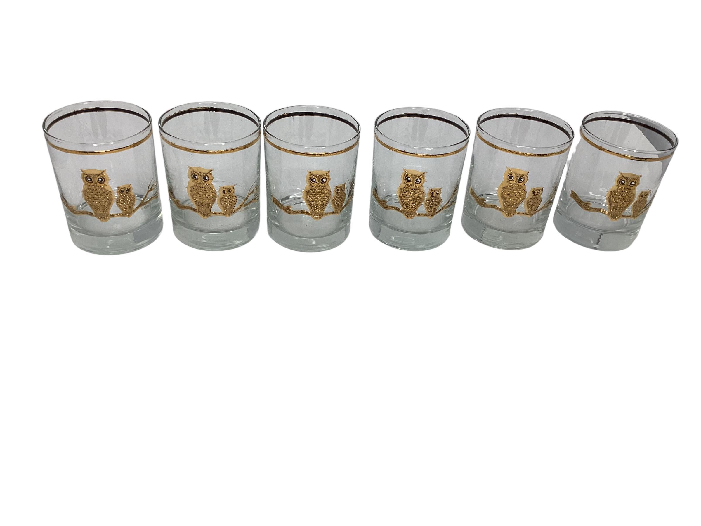 Set of Six Culver Double Owl Rocks Glasses. Each with a large and small owl perched on a branch. All in excellent vintage condition.