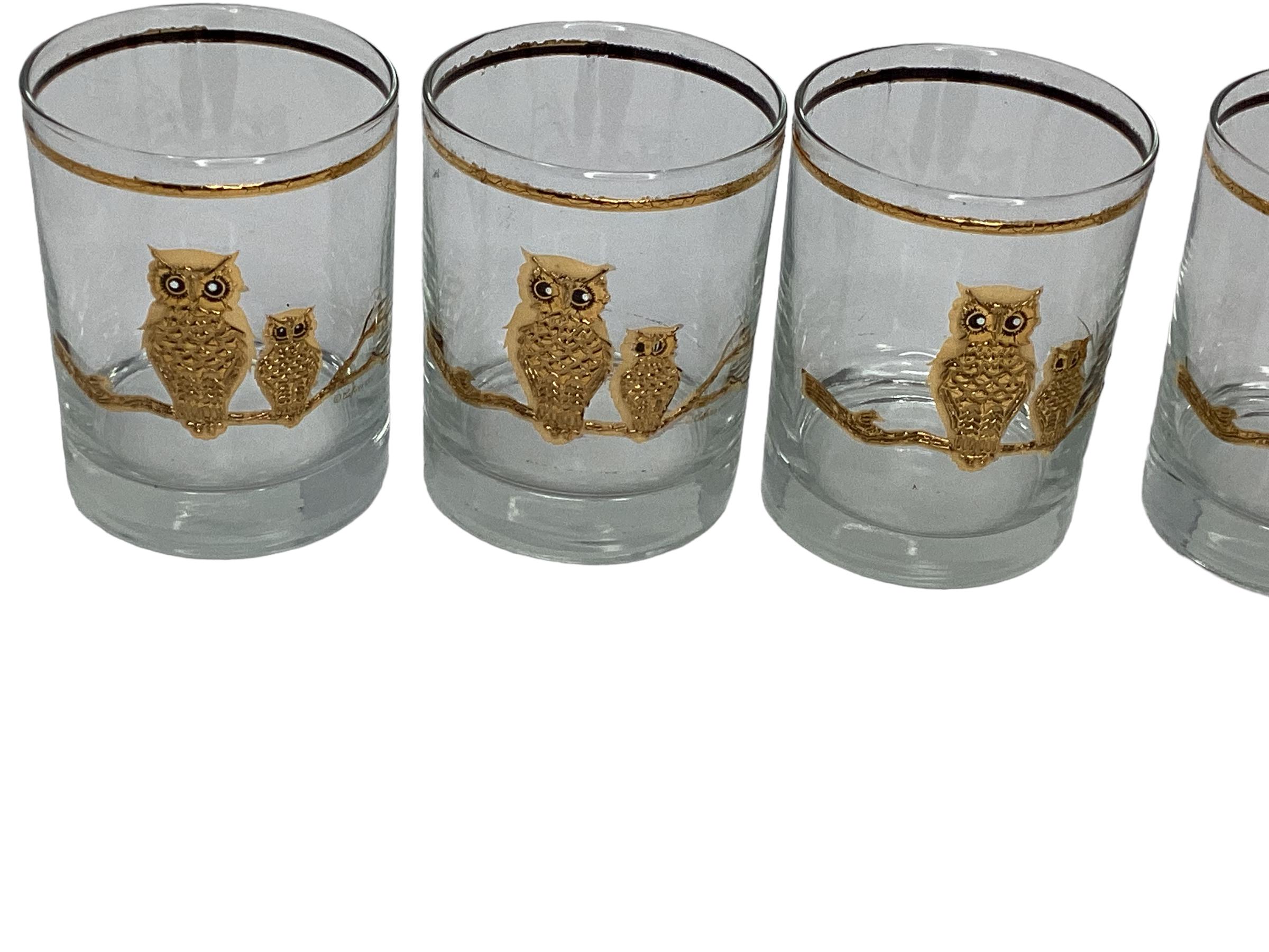 Mid-Century Modern Set of Six Culver Double Owl Rocks Glasses For Sale