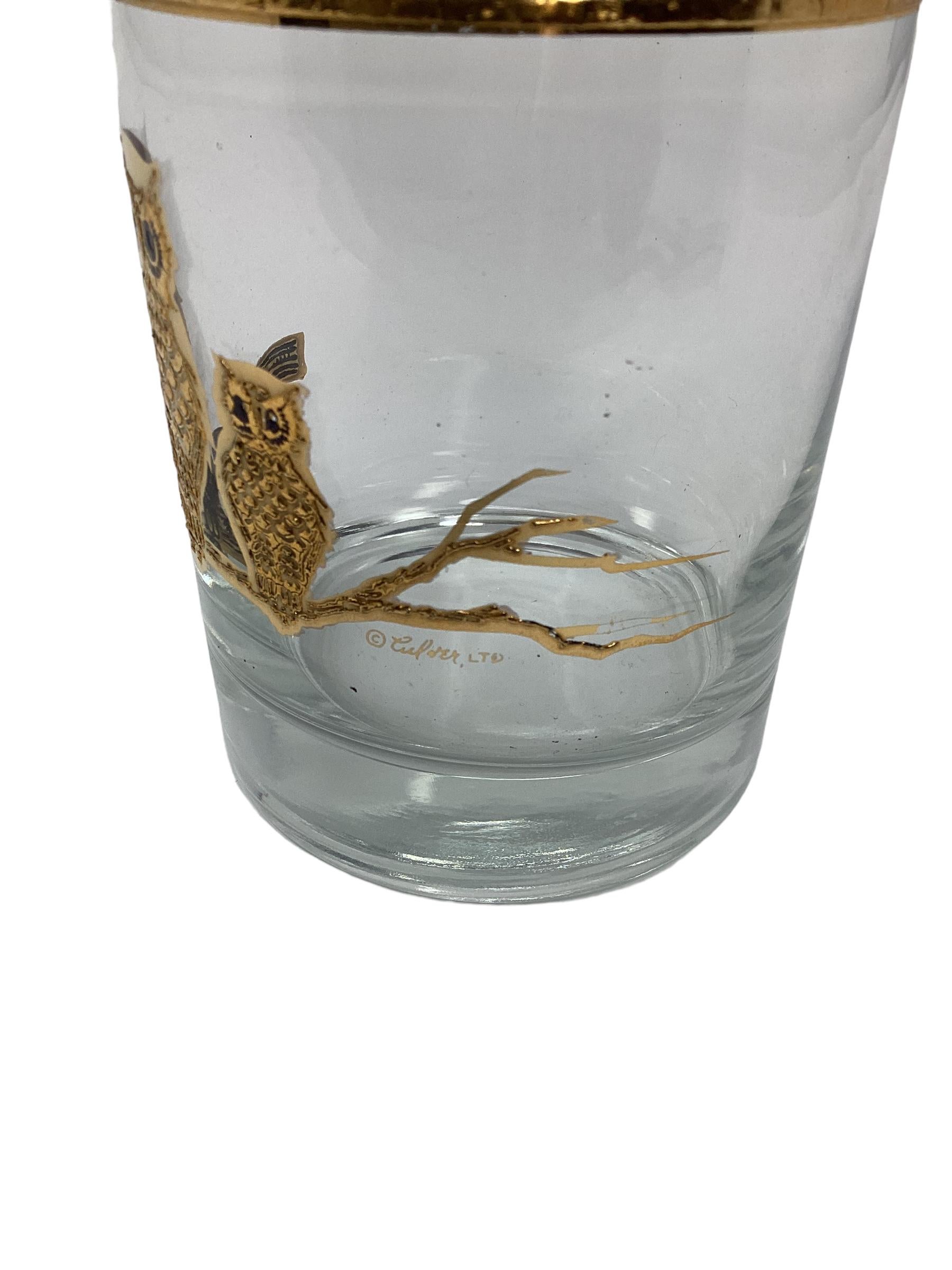 Gold Set of Six Culver Double Owl Rocks Glasses For Sale