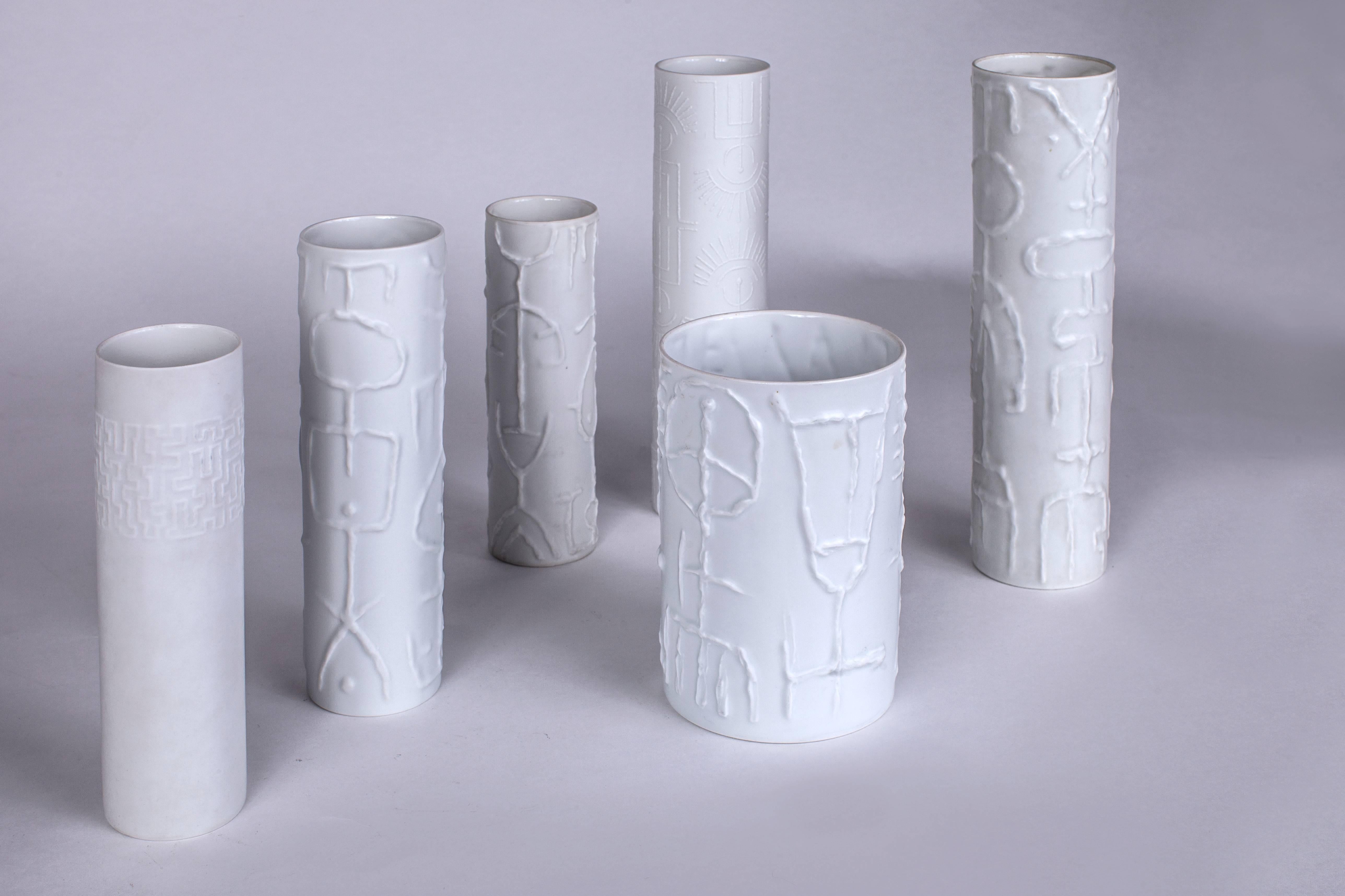 Glazed Set of Six Cuno Fischer Porcelain Vases with Abstract Relief for Rosenthal For Sale