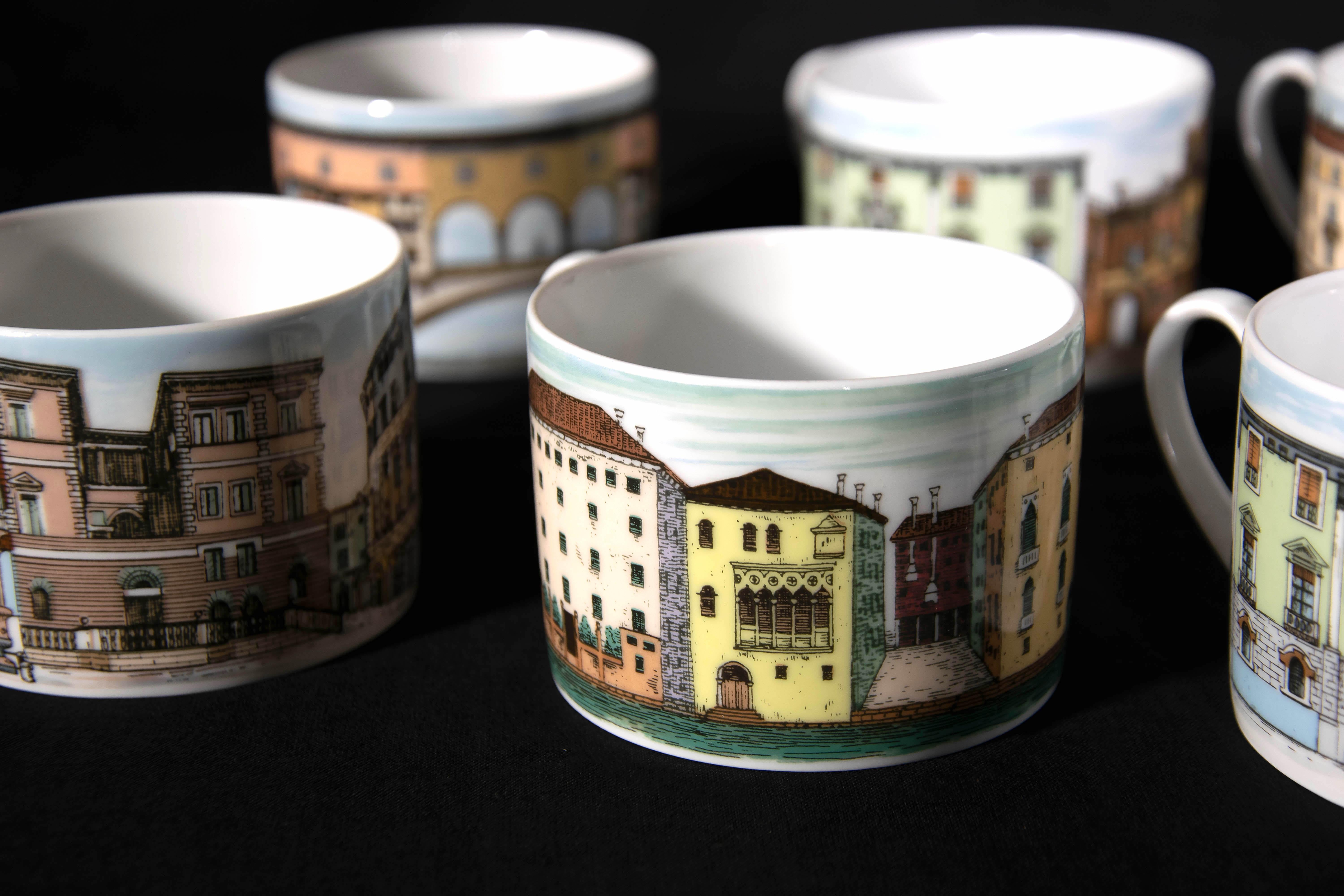 Late 20th Century Set of Six Cups and Saucers 'Citta d'Italia' after P. Fornasetti, 1990