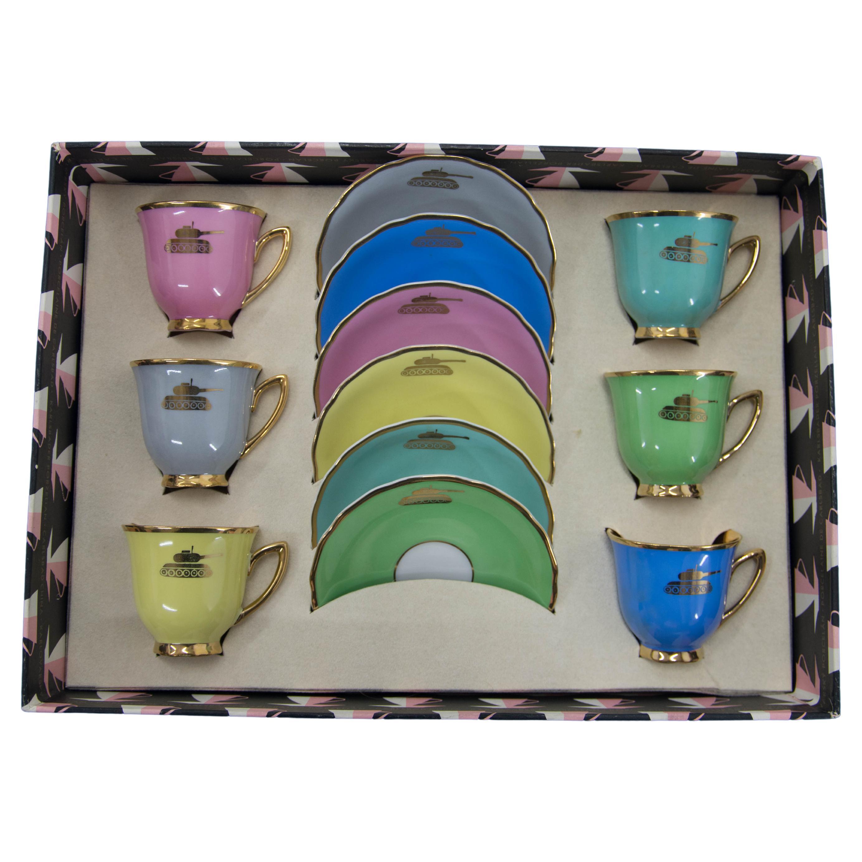 Set of Six Cups and Saucers with Tanks, Karlsbad, 1970s, Never Used For Sale