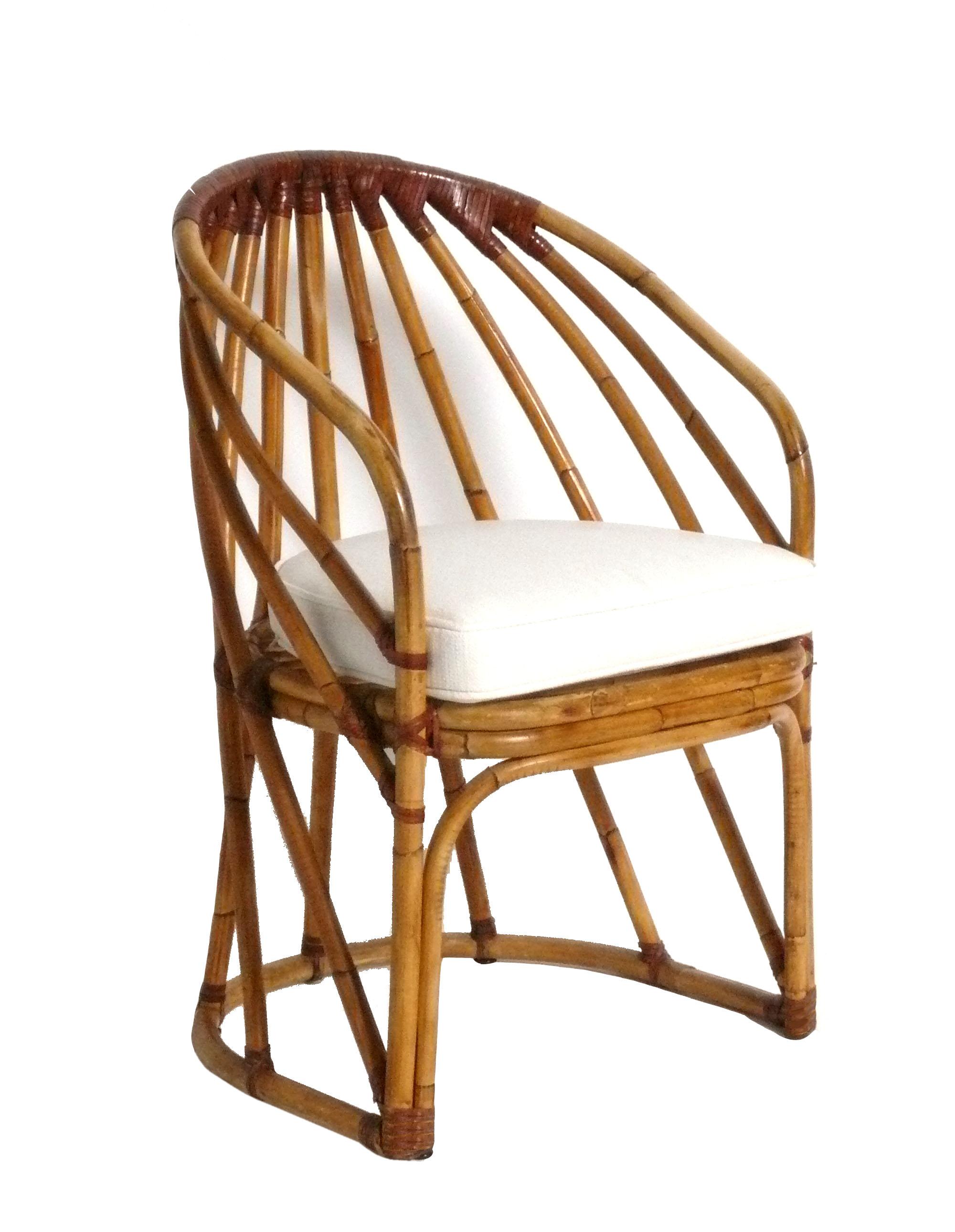 Set of Six Curvaceous Rattan Dining Chairs, attributed to The McGuire Company, Asian, circa 1960s. Please see our Gabriella Crespi dining table on 1stdibs that would work well with these chairs. 