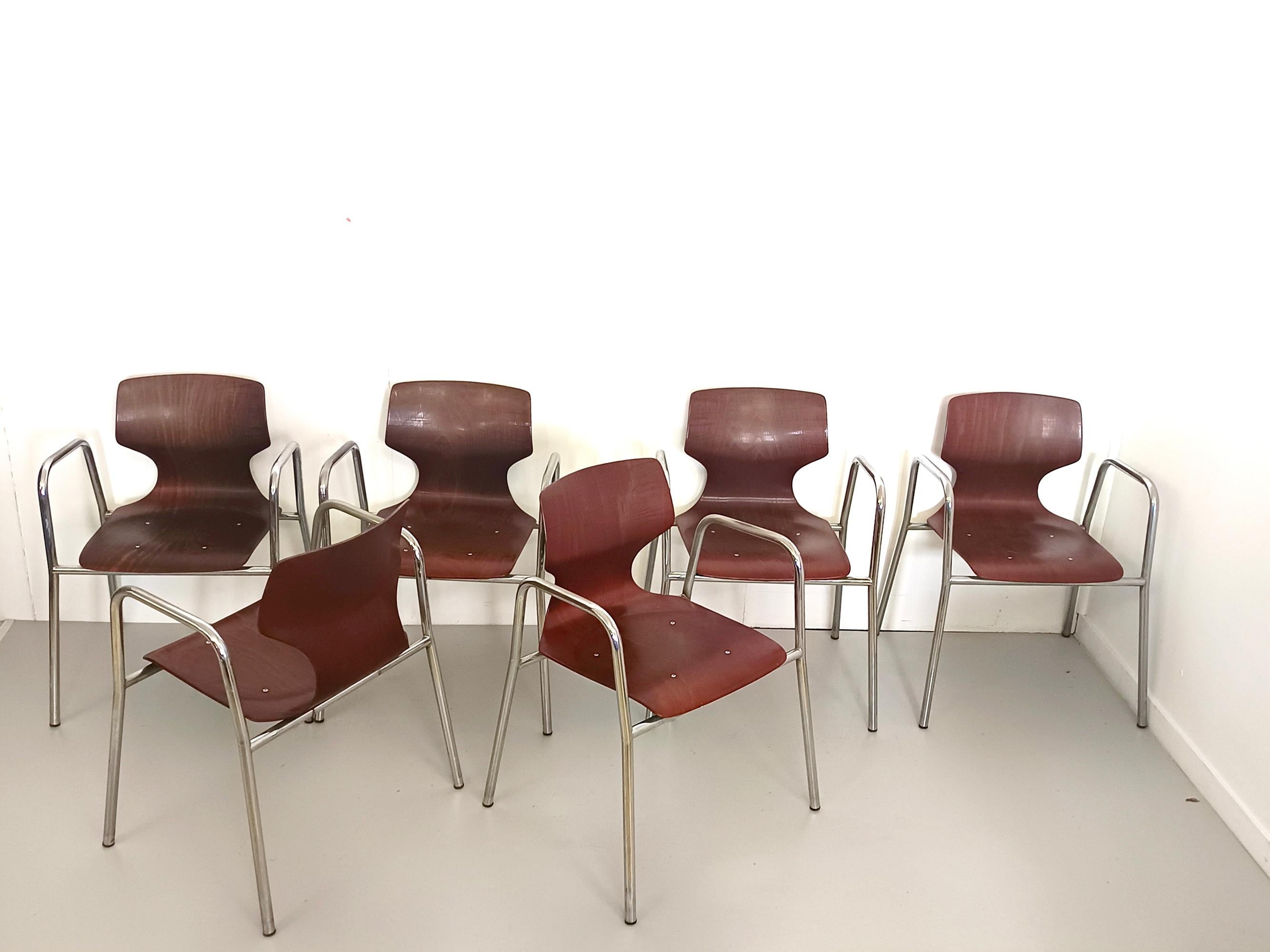 Mid-Century Modern Set of Six Curved Beech Desk Chairs by Pagholz Flötotto with Armrests, Germany  For Sale