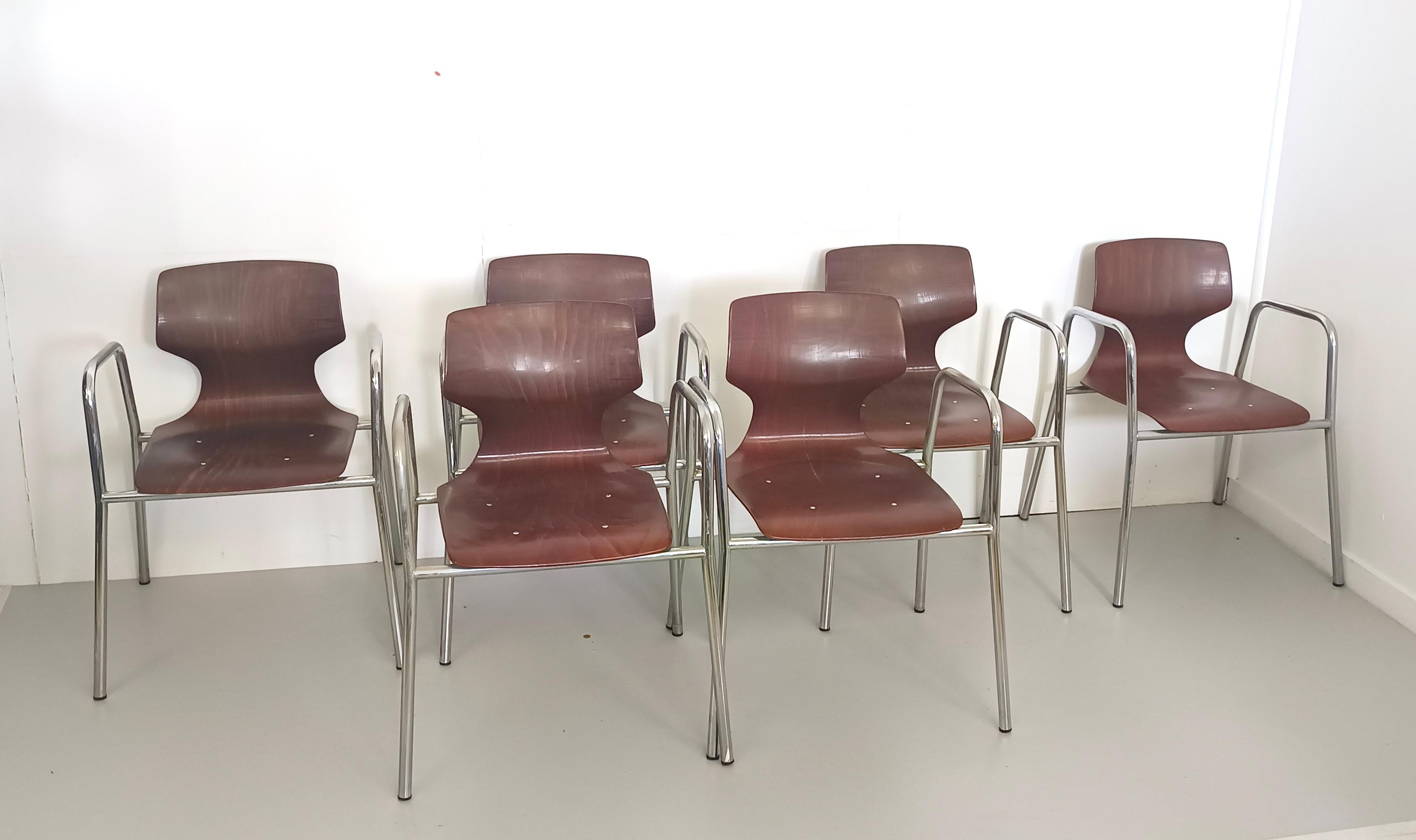 Italian Set of Six Curved Beech Desk Chairs by Pagholz Flötotto with Armrests, Germany  For Sale