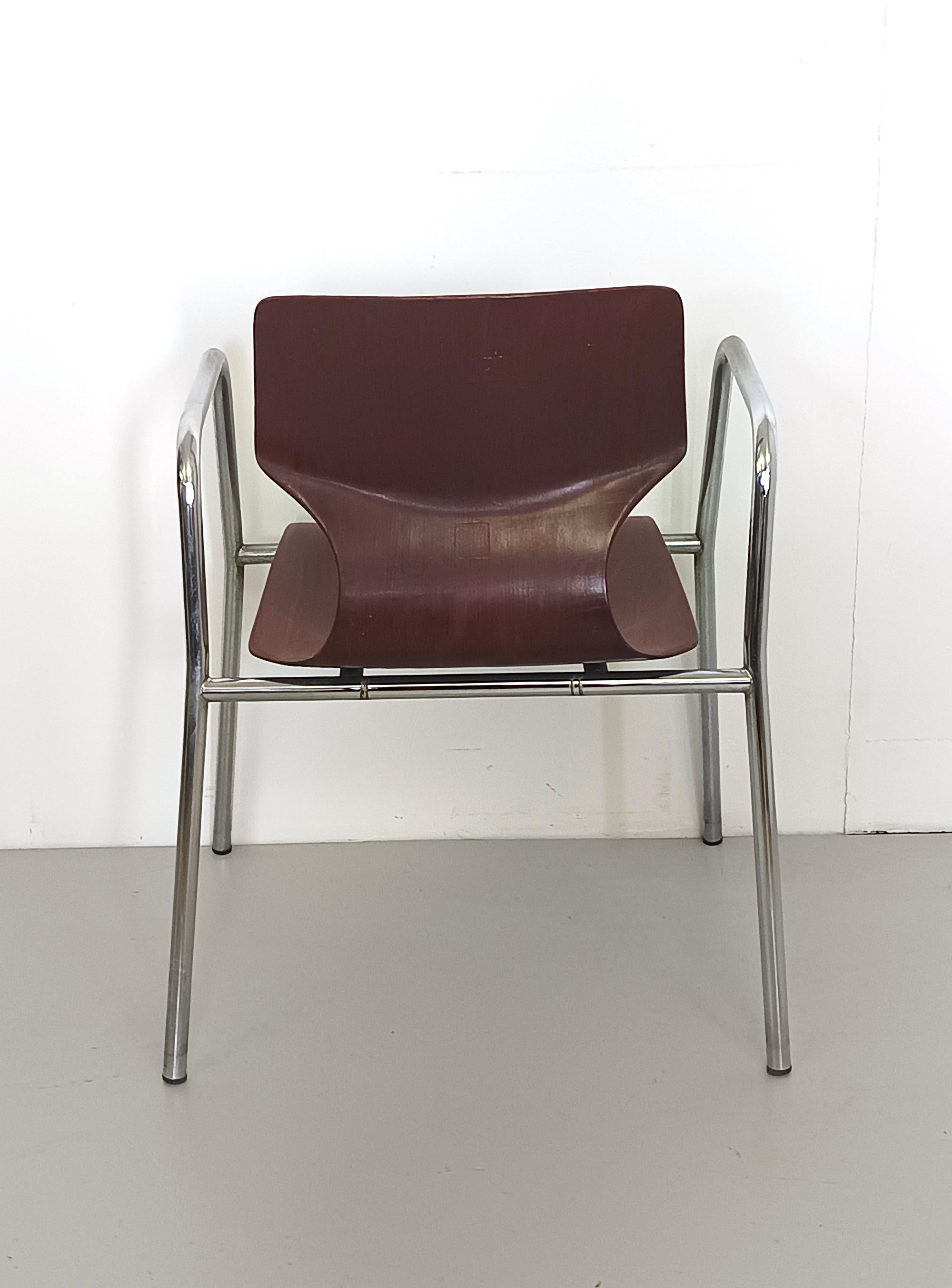Metal Set of Six Curved Beech Desk Chairs by Pagholz Flötotto with Armrests, Germany  For Sale