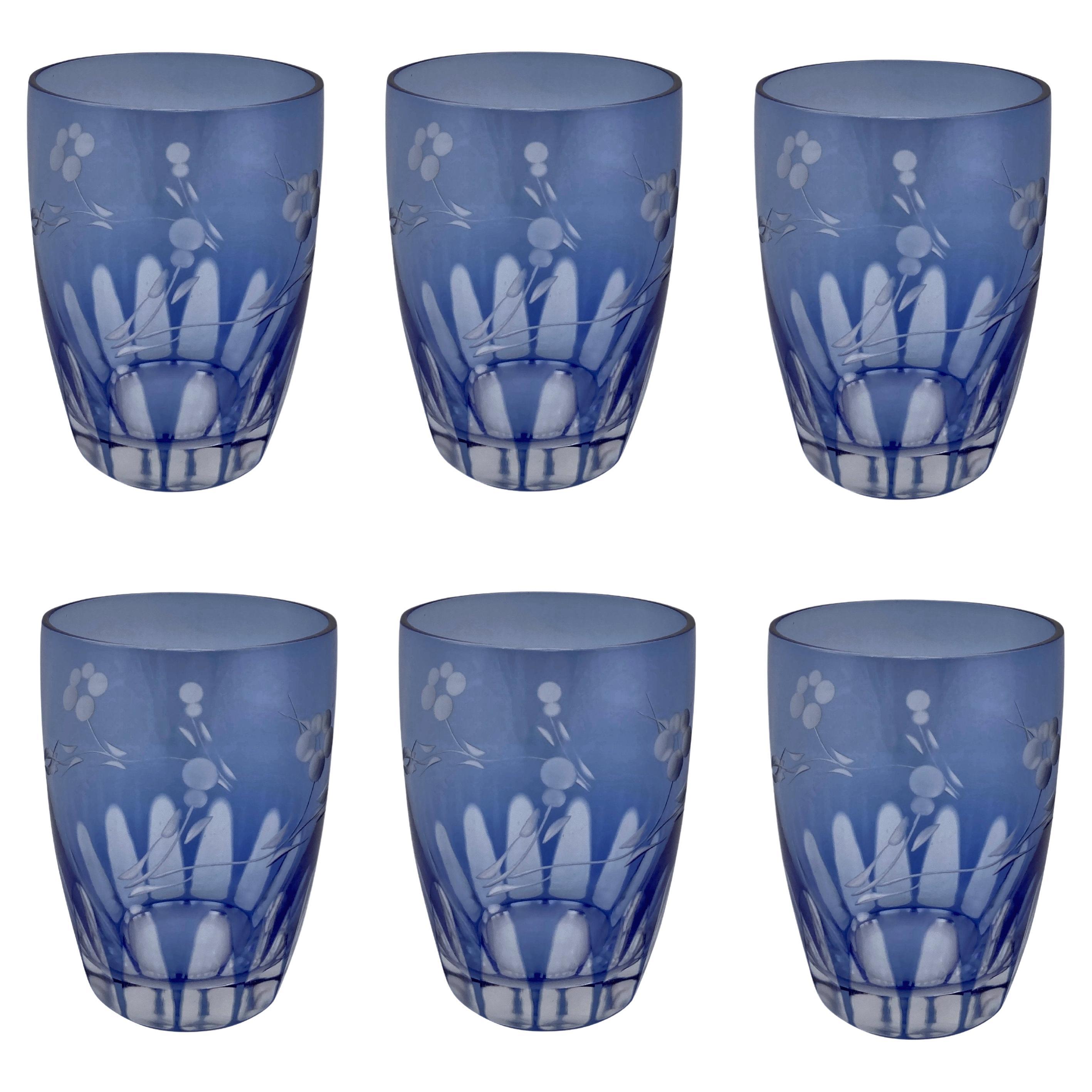 Set Of Six Cut Glass Drinking Glasses In Pale Blue