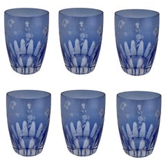 Set Of Six Cut Glass Drinking Glasses In Pale Blue
