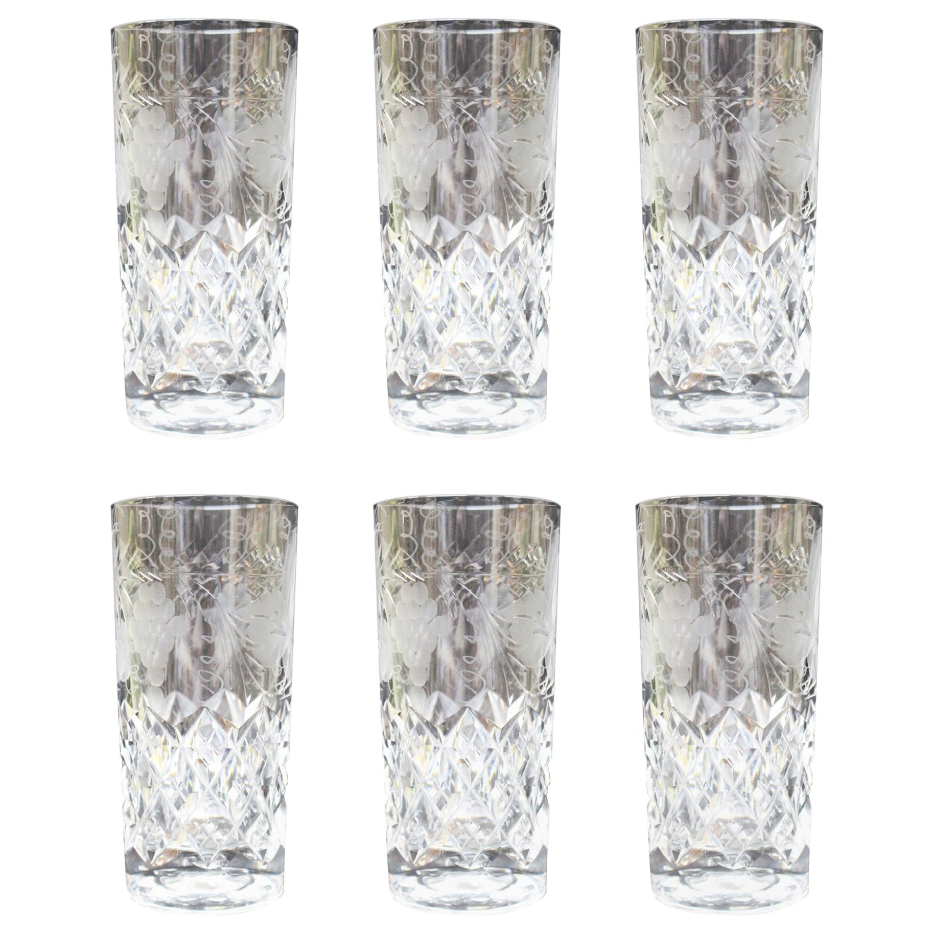 Set of Six Cut Glass Stourbridge Vine Pattern Highball Glasses For Sale